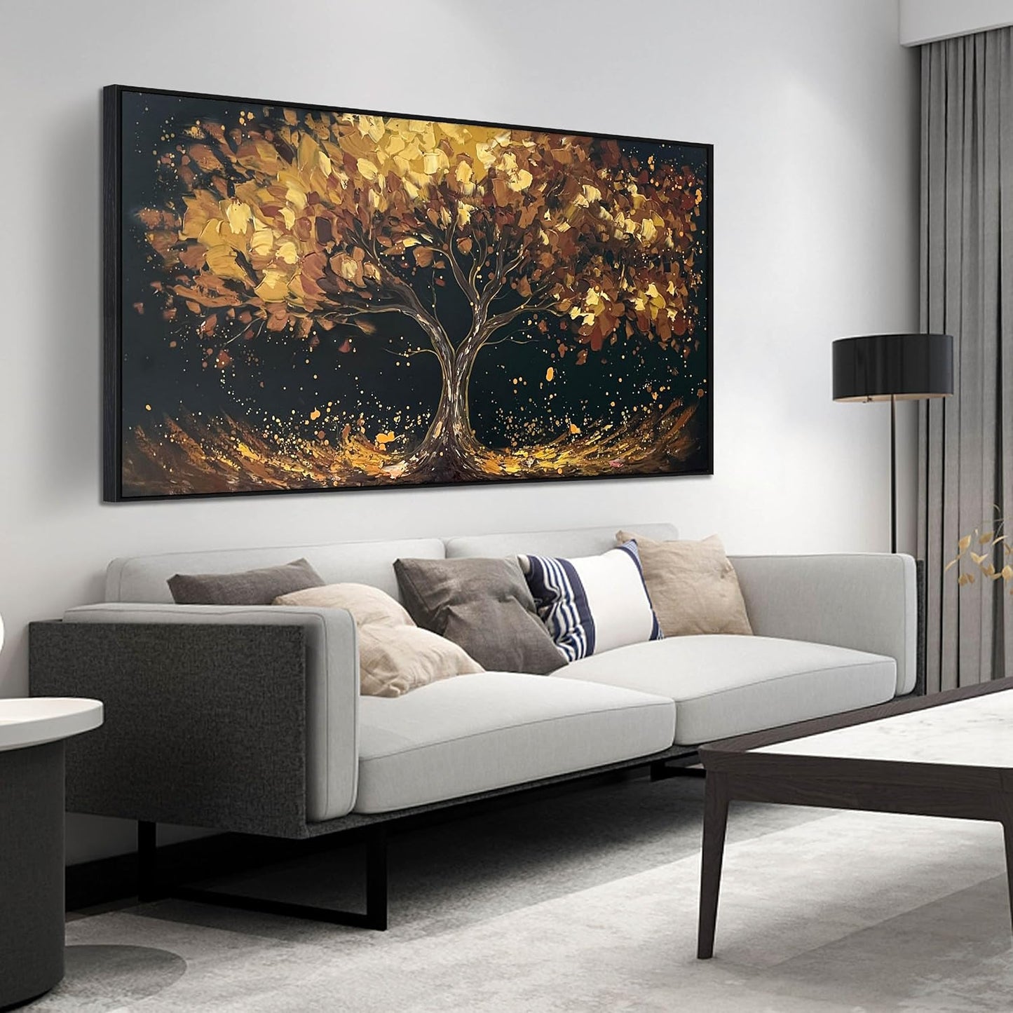 Tree Painting Wall Art for Office - Hand Painted Gold and Black Canvas Wall Art for Living Room - Black Framed Wall Art for Bedroom Size 29" x 59"
