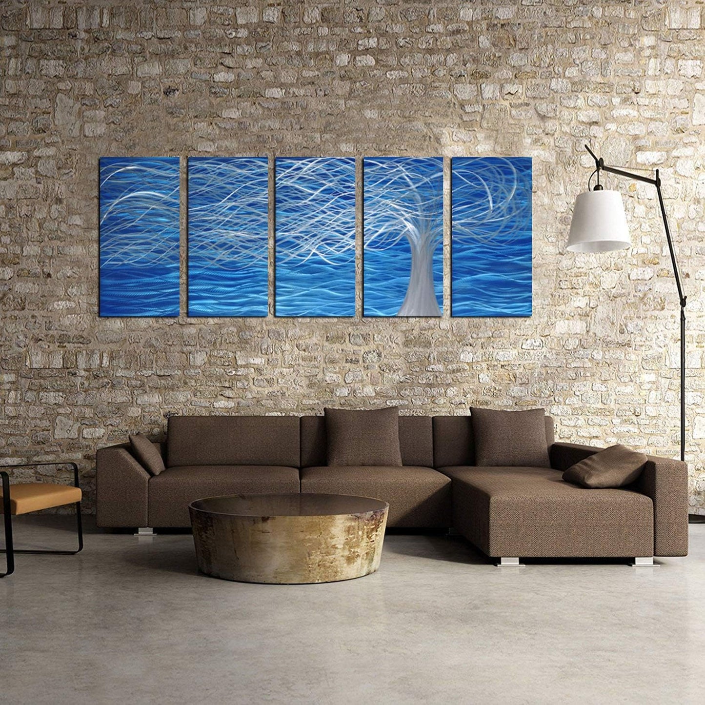 Unique Metal Wall Sculpture, Metal Wall Art with Tree Painting Design, Abstract Modern and Contemporary Décor, Aluminum Blue Artwork, Indoor and Outdoor decoration, 5 panels 64"Wx24"H