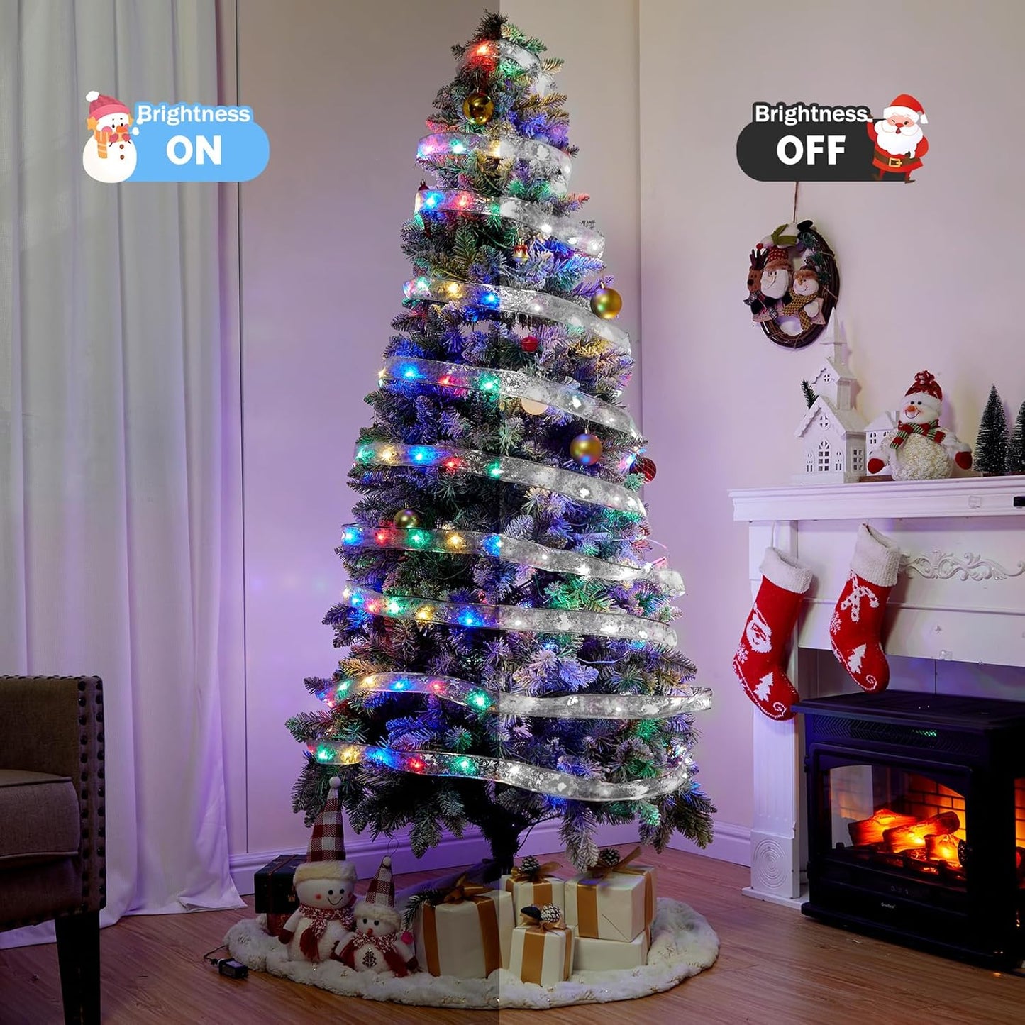 Christmas Tree Ribbon String Lights - 33ft 100 LED Battery Powered Fairy Lights with Timer and 8 Lighting Mode, Ribbon Bow Light for 6ft - 8ft Christmas Tree New Year Decor, Silver Ribbon, Multi-color