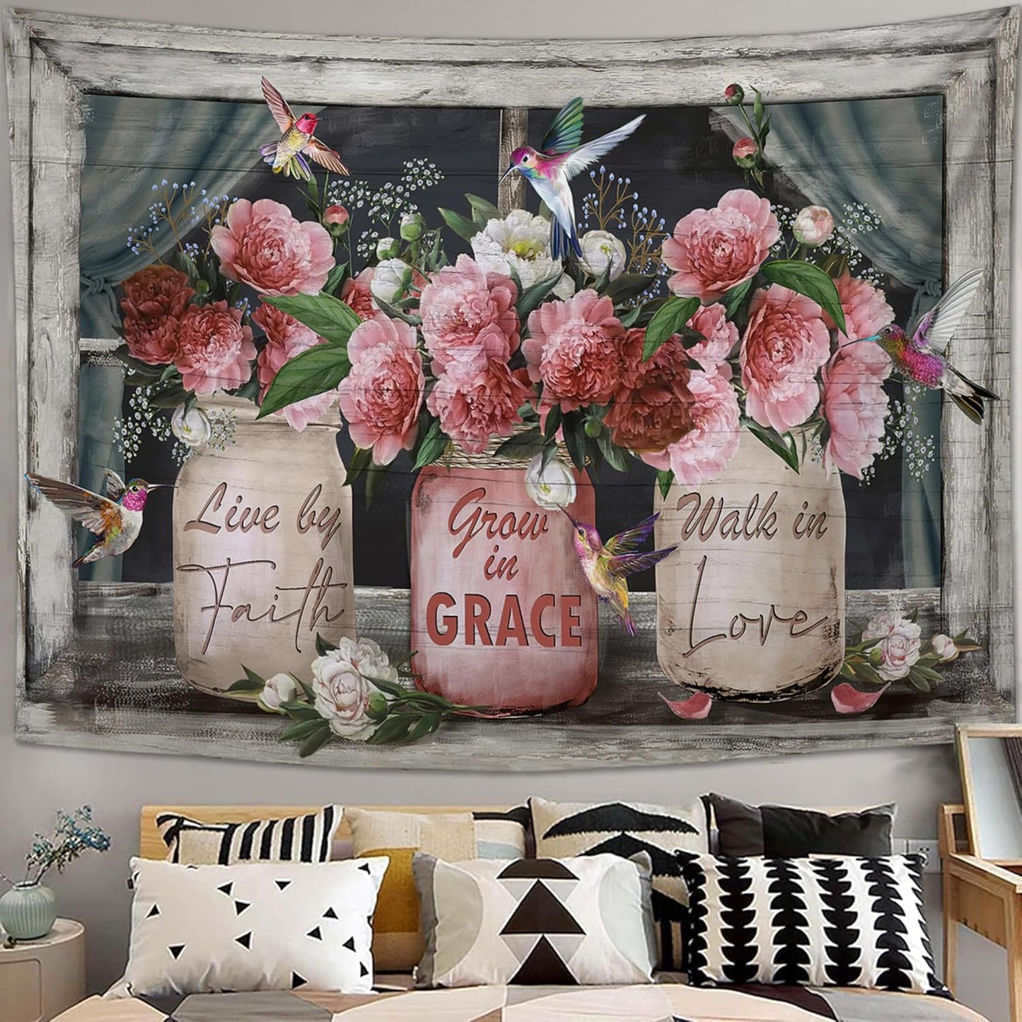 yowecso Farmhouse Rose Tapestry Peony Flower Tapestry Wall Hanging for Bedroom Floral Tapestries Aesthetic Wall Decor for Home Dorm Living Room 50"x60"