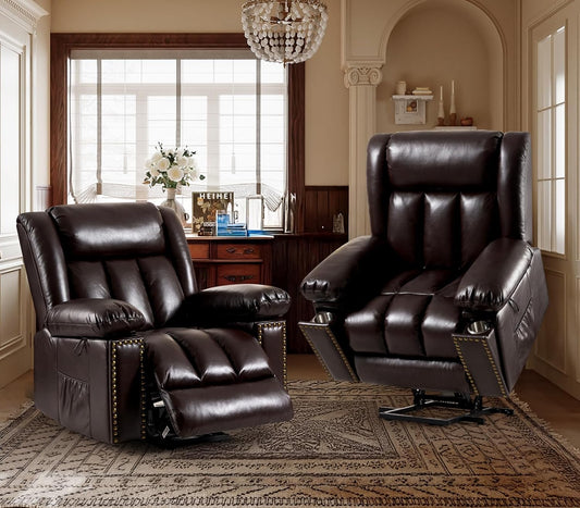 Electric Power Lift Recliner Chair for Elderly with Heat & Massage, Breathable Leather Large Reclining Chairs w/2 Concealed Cup Holders for Seniors Home Living Room,Set of 2,Brown