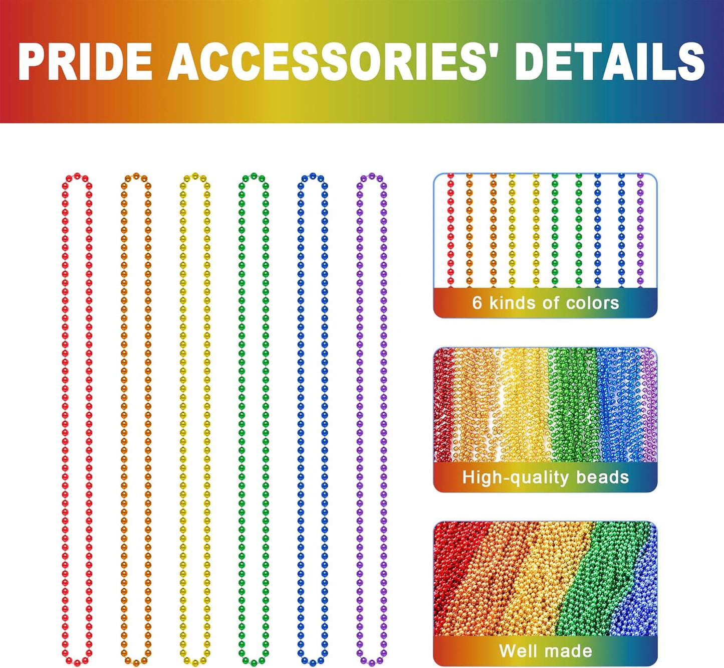 50PCS Pride Stuff, Gay Pride Beads Accessories, 6 Kinds of Metallic Rainbow Beads Necklace Bulk, LGBTQ Pride Necklace for Women Men, Costumes Decor for Pride Month Parade Throws Party Favors