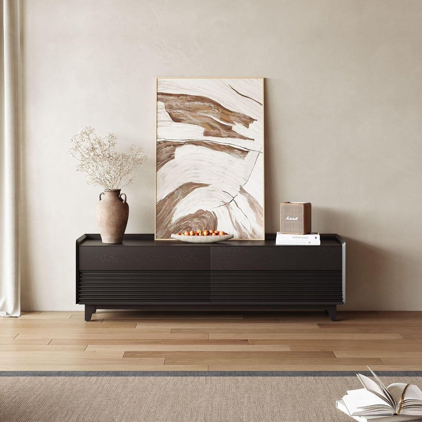 POVISON Fully-Assembled Mid Century Modern TV Stand with Legs, Wood Media Console with Adjustable LED Light for 65-inch TVs, Entertainment Center with Storage for Living Room