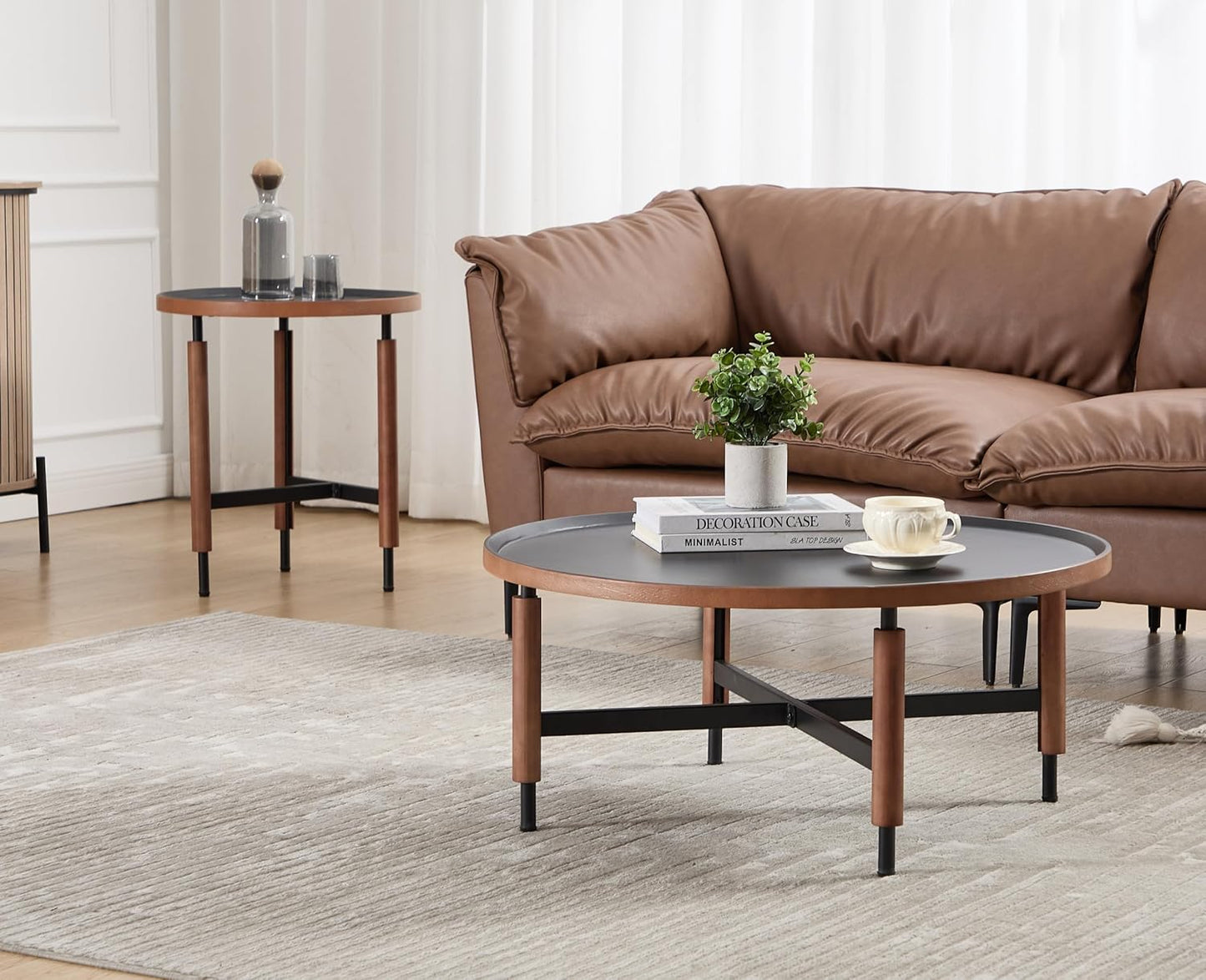 EALSON Nesting Coffee Table Set of 2 Round Coffee Tables with Black Metal Legs/Wood Top Mid Century Modern Centre Table Circle Accent Side Tables for Living Room Bedroom Walnut