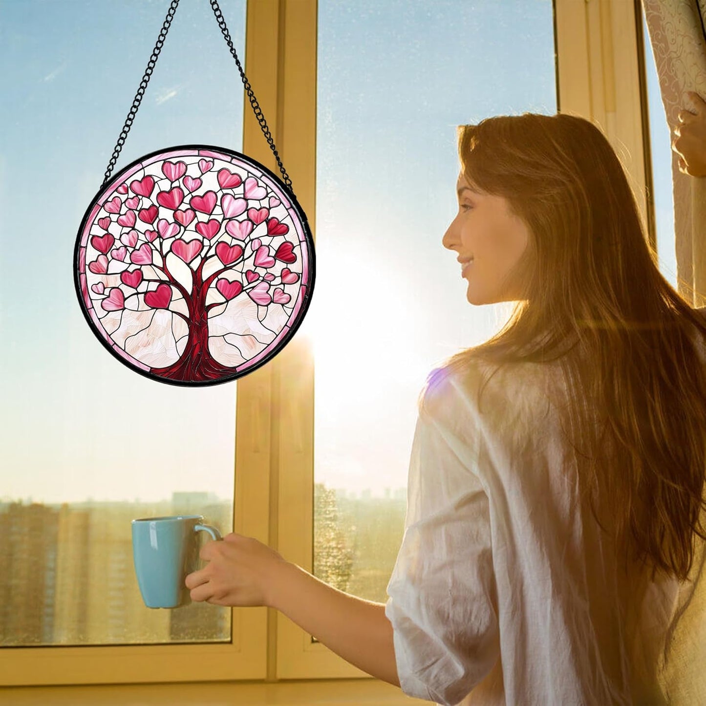 Stained Glass Window Hanging, Pink Love Heart Tree Suncatcher Hangings Beige Sun Catchers Decor for Birthday Holiday for Women, Men, Wife, Aunt, Mom 11.8IN