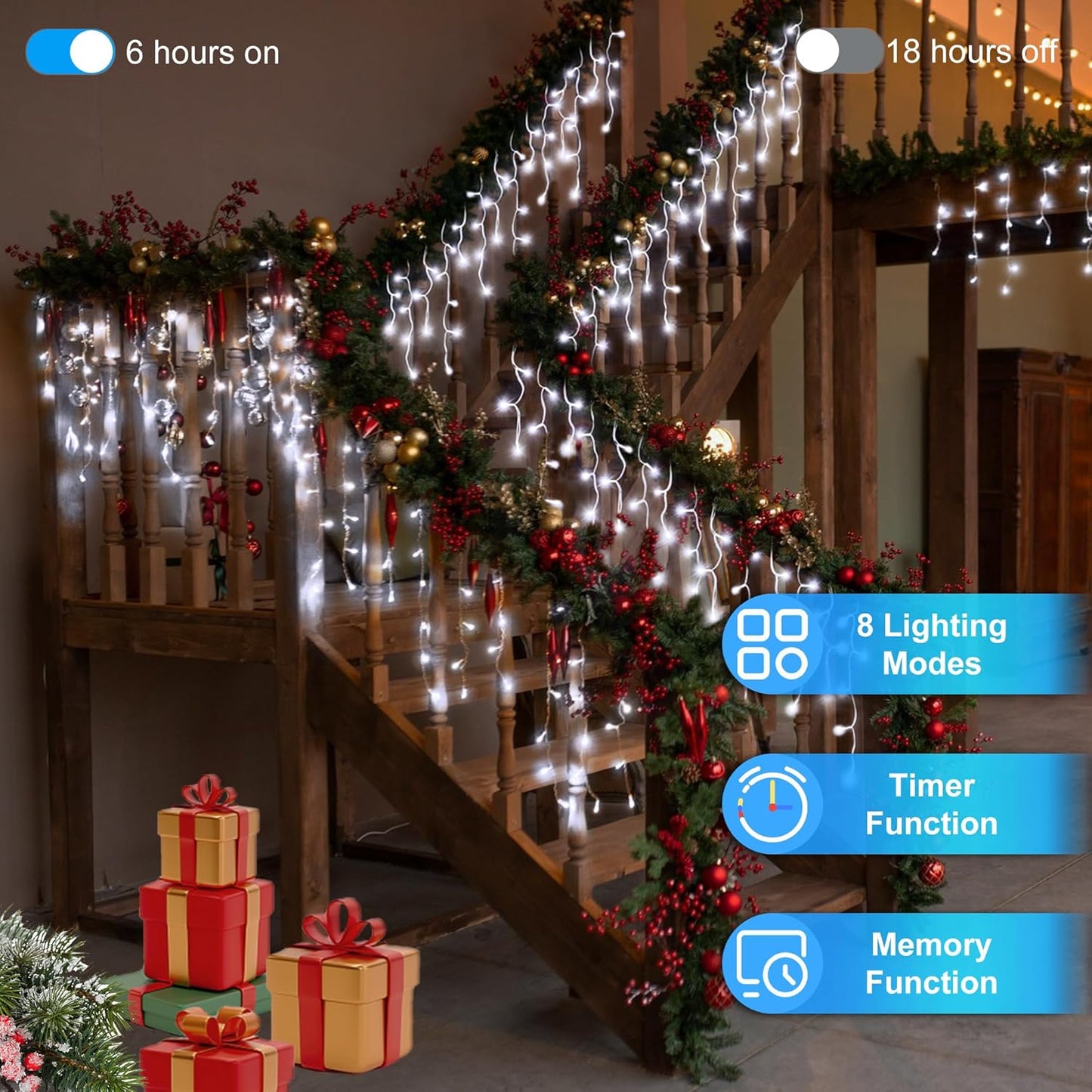 810LED 82ft Christmas Lights, 180Drops 12 Modes Cool White Christmas String Lights Outdoor Dimmable, Waterproof Christmas Decoration Fairy Lights with Timer for Indoor Eaves Party Patio Window Fence