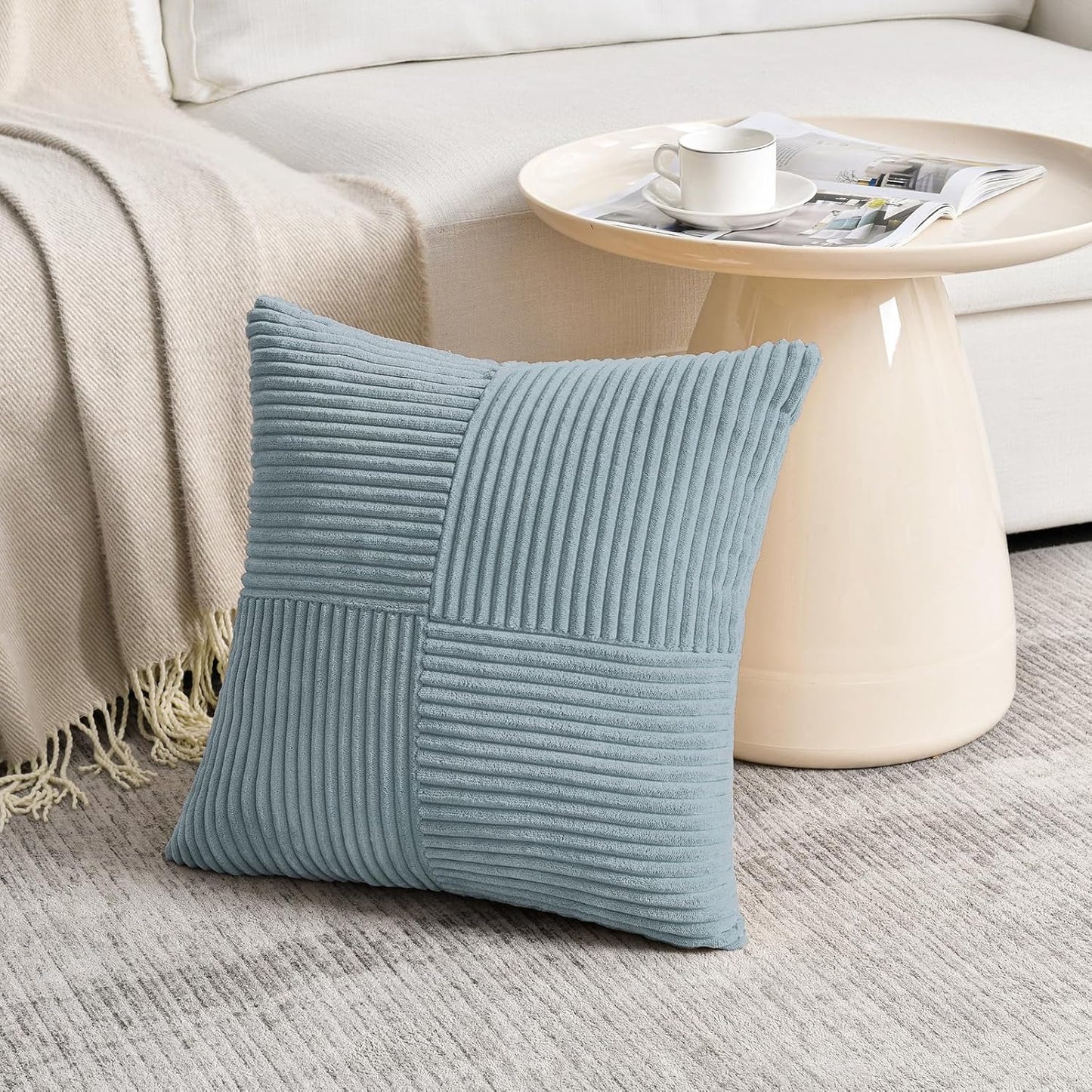 Fancy Homi Set of 2 Light Blue Decorative Throw Pillow Covers 16x16 Inch for Living Room Couch Bed, Rustic Farmhouse Boho Home Decor, Soft Striped Corduroy Textured Square Cushion Case 40x40 cm