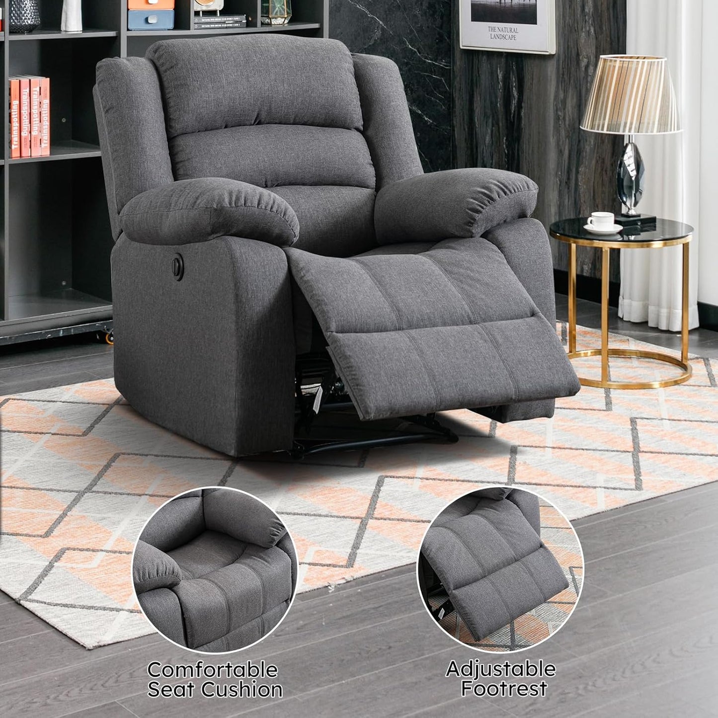 EBELLO Classic Power Recliner Chair, Oversized Electric Reclining Chair with Overstuffed Cushion and Back, Soft Fabric Adults Single Recliner Sofa for Living Room, Grey