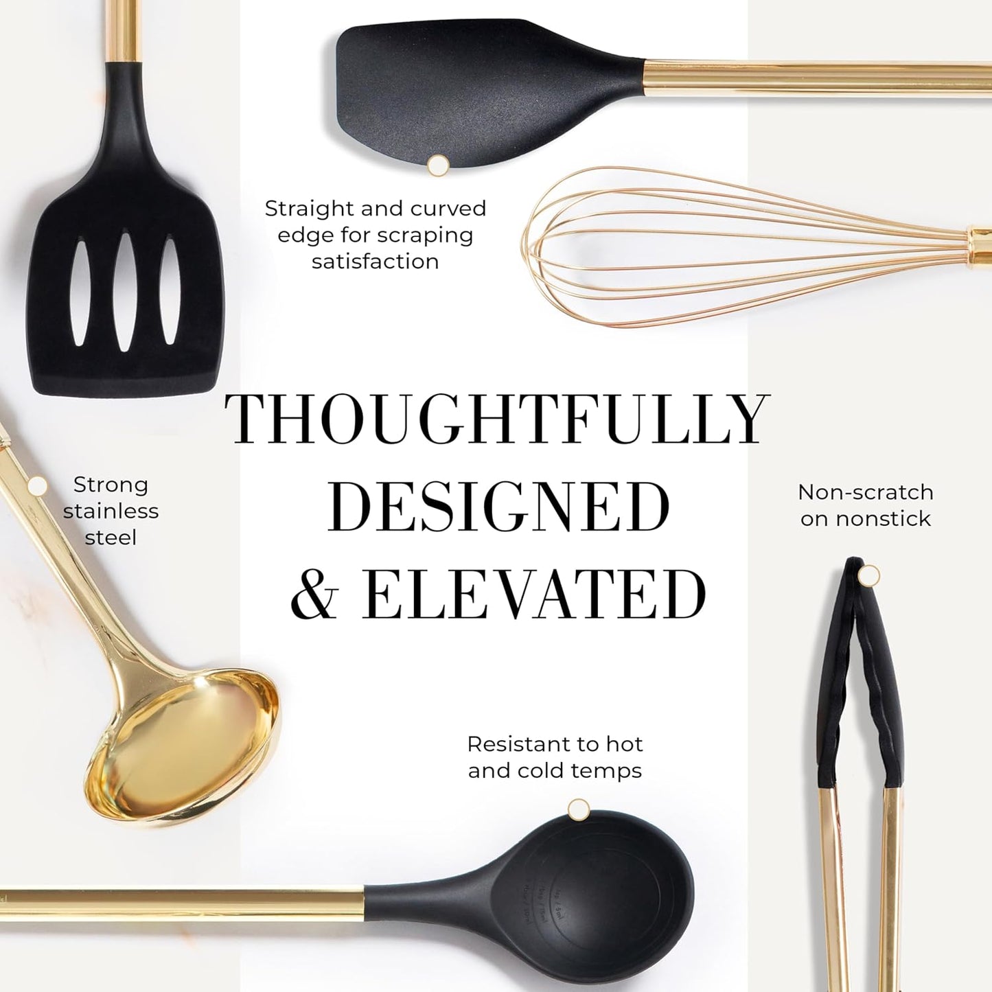 Styled Settings Black and Gold Cooking Utensils Set - 7-Piece Silicone Utensils Set Include Spatula Holder for Nonstick Cookware and Modern Kitchens - Stylish Black and Gold Kitchen Accessories