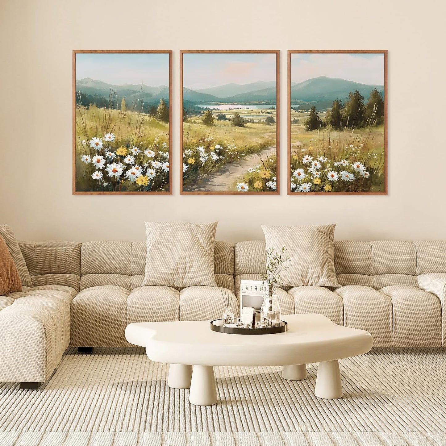 KAIRNE Field Canvas Wall Art,Vintage Landscape Wall Decor,Wildflower Prints Set of 3(16”X24”),Nature Botanical Floral Posters,Rustic Paintings for Kitchen Living Room Bedroom Farmhouse Decor,Framed