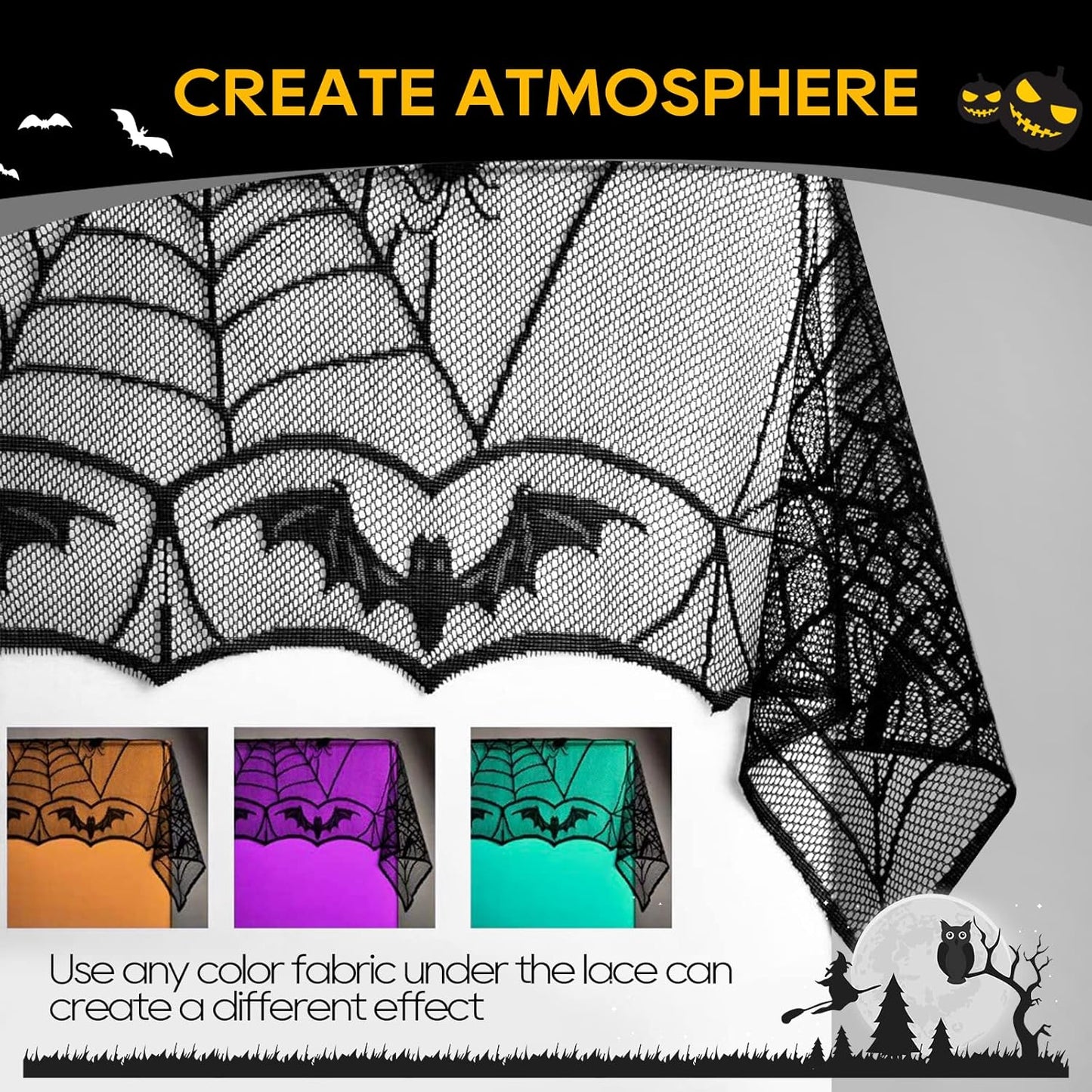 eZAKKA Halloween Table Cloth, Spider Web Table Cloth Black Tablecloth Lace Fabric Table Cloths Halloween Table Cover for Rectangle for Parties Gothic Spooky Home Decorations, 48x96 Inch