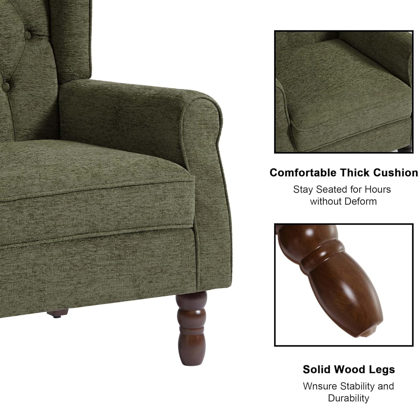Accent Chair, Upholstered Armchair with Button Tufted High Back & Solid Wood Legs, Comfy Wingback Reading Single Sofa Chair for Small Spaces, Living Room, Bedroom (Green, Set of 1)