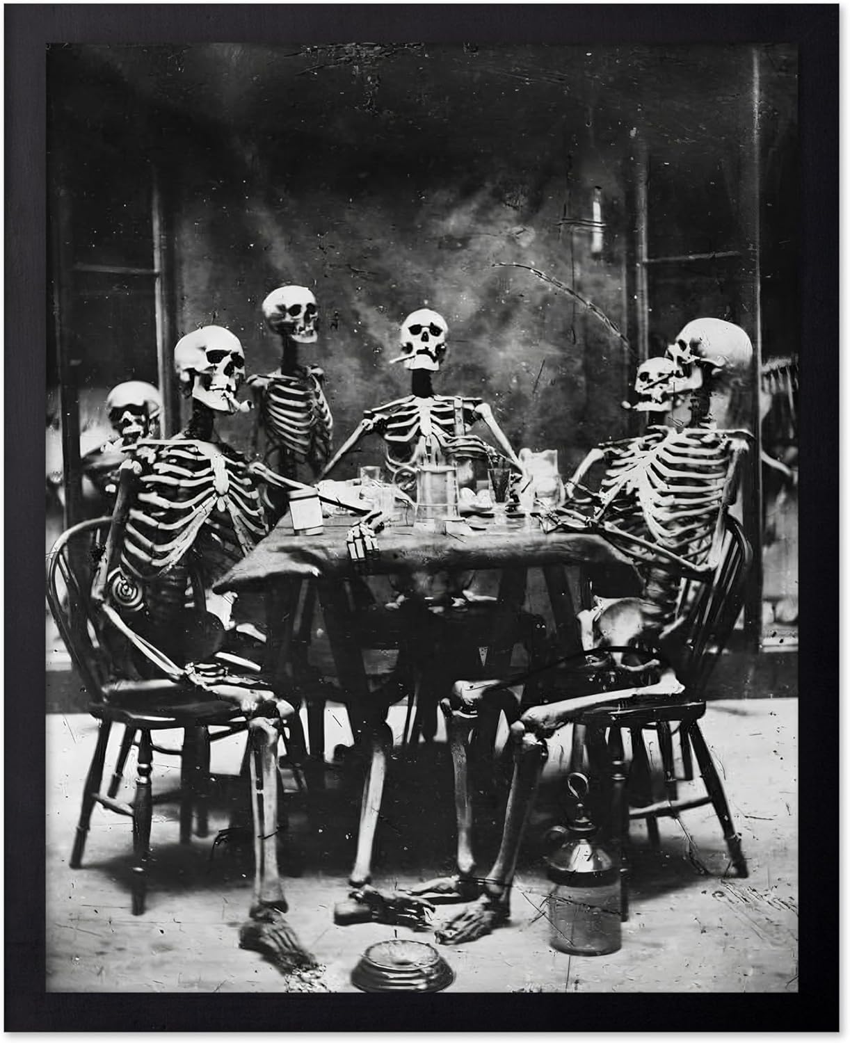 Poster Master Vintage Photograph Poster - Retro Daguerreotype Print - Gift for Artist, Friend - Skeletons Smoking at Table, Dinner Party, Goth - Wall Decor for Home, Dorm, 11x14 Black Framed