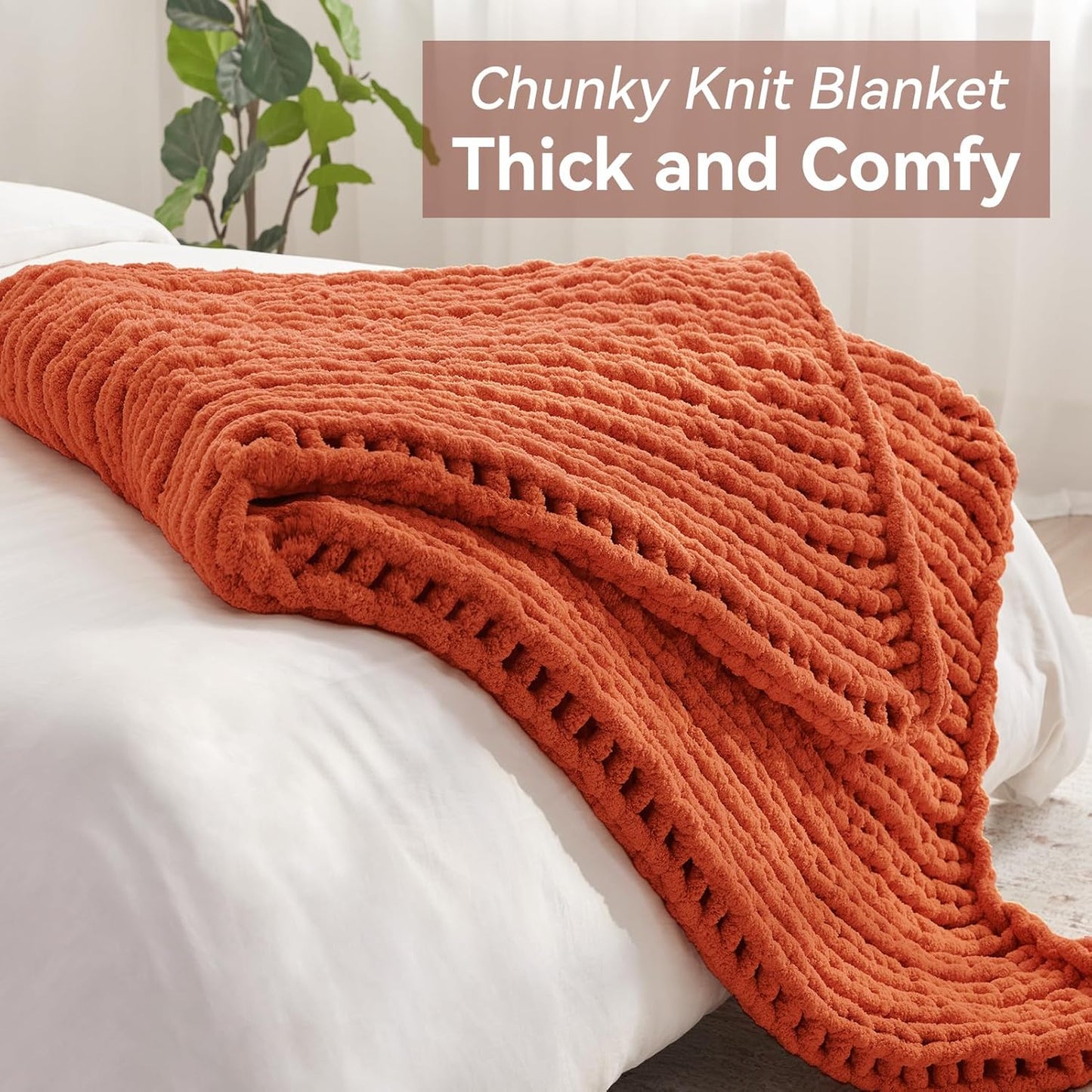 Chunky Knit Throw Blanket, 40''*50'' Knitted Throw Chenille Yarn for Bed Couch, Handmade Orange Crochet Big Thick Blanket, Machine Washable Cute Comfy Blanket for Home Decor