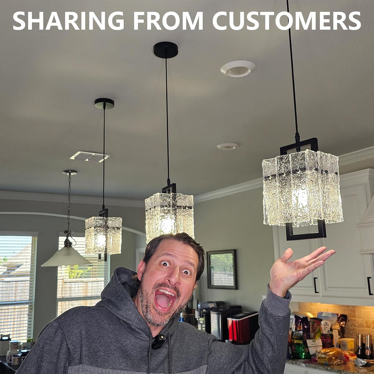 IKK Black Crystal Pendant Light for Kitchen Island, Luxury Water Ripple Glass Chandelier Lights Fixture, Modern Elegant Adjustable Pendant Lighting for Dining Room Bedroom, E12 Bulb, L6.5'' x H11.8''