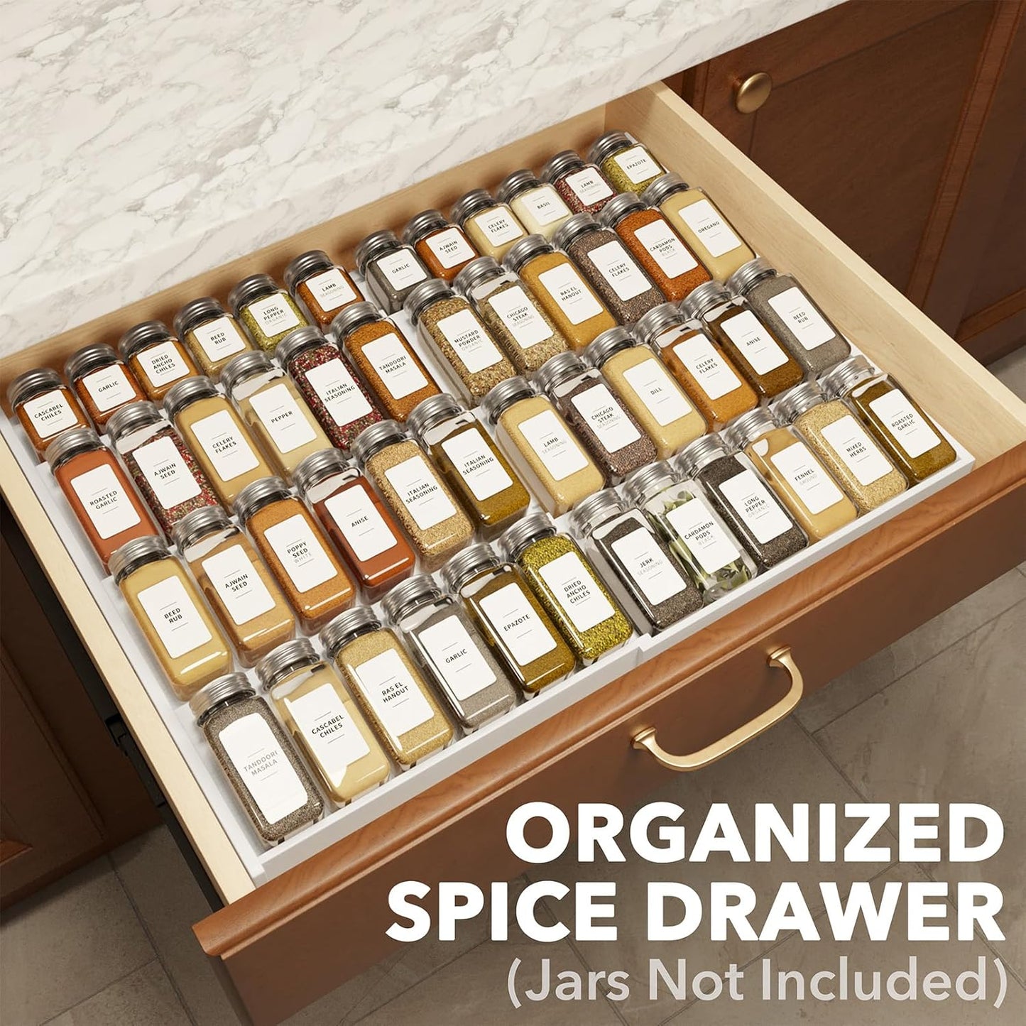 SpaceAid Bamboo White Spice Drawer Organizer, (Need 3" Deep Drawer) Expandable 4 Tier Spices Rack for Cabinet, Kitchen Seasoning Storage Insert (Jars Not Included, From 12" to 23" Wide)