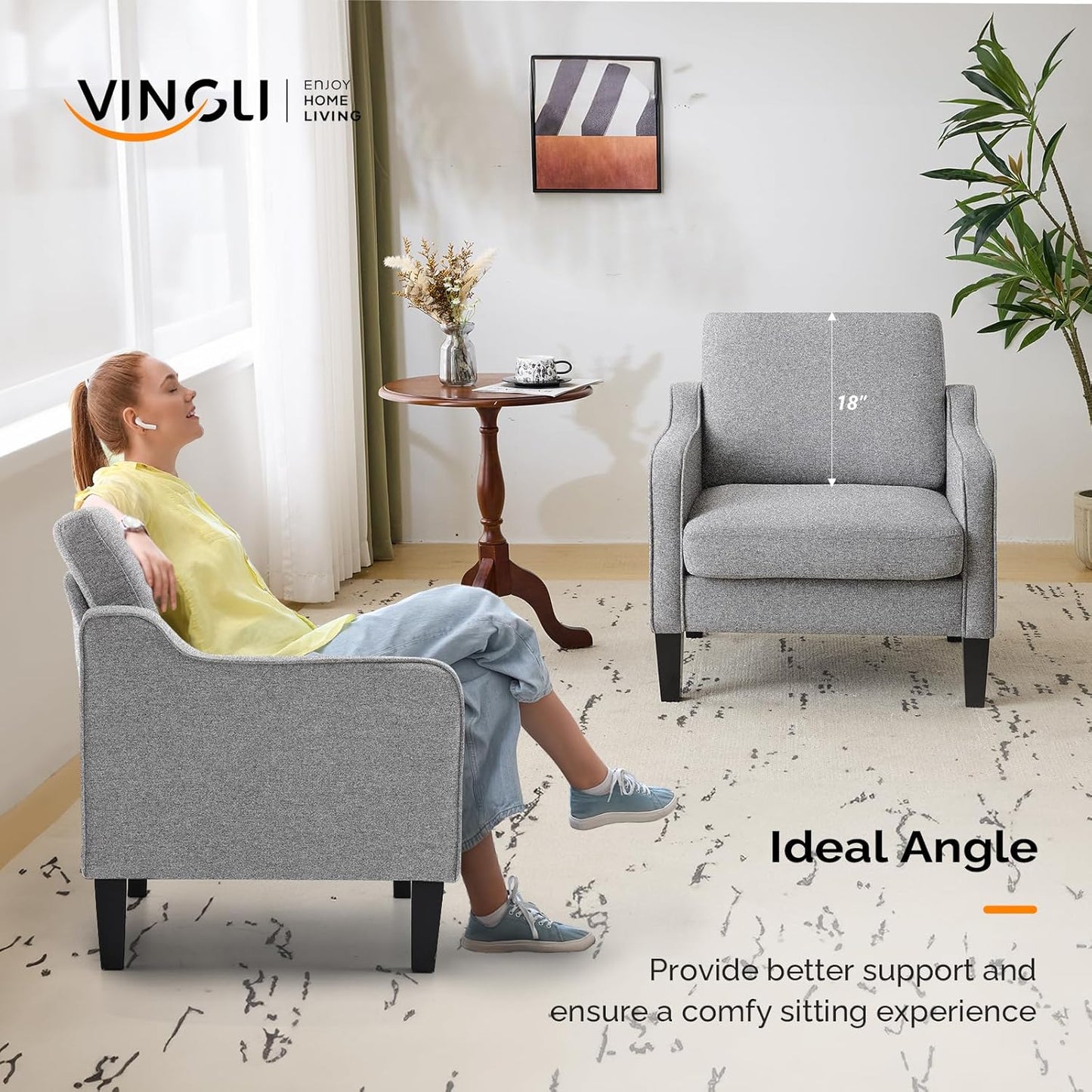VINGLI Accent Chairs Set of 2 Gray Living Room Chairs Reading Chair for Bedroom Scooped Arm Chair Mid Century Modern Accent Chair Upholstered Comfy Chair for Apartment, Waiting Room