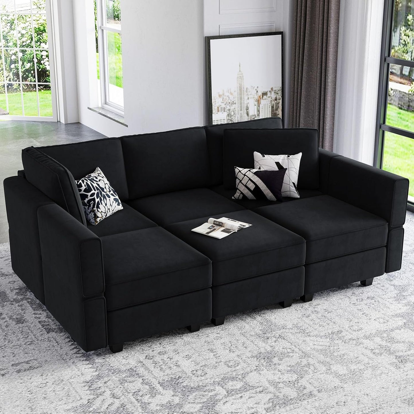 Belffin Modular Velvet Sectional Sofa with Chaise Lounge Sectional Sleeper Sofa with Storage Chaise Sofas Bed Couch for Living Room Black