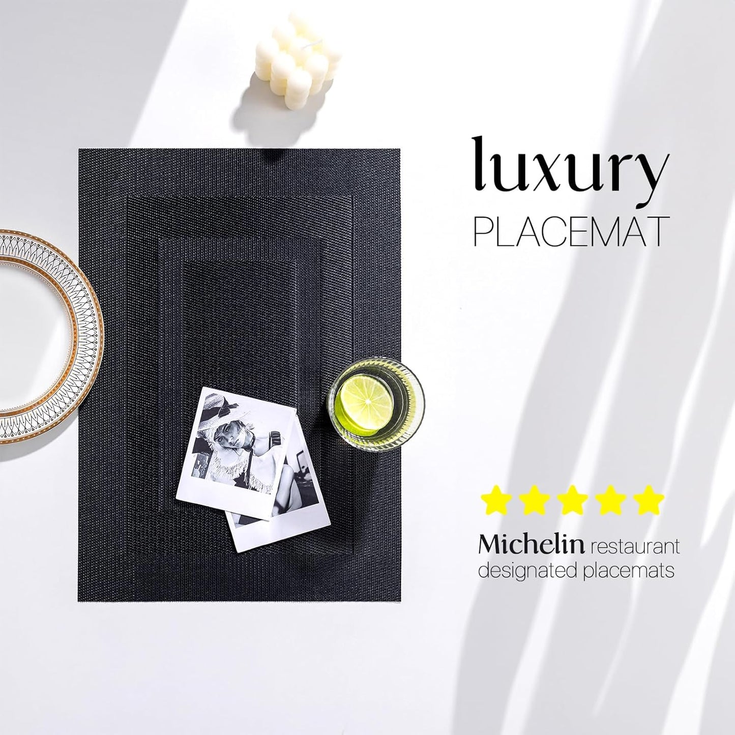 LEXMORE Placemats Set of 8 Vinyl/Plastic Woven Place Mats for Kitchen Table Indoor/Outdoor Washable Placemat Wipeable Dining Table Mats(Black Cube)