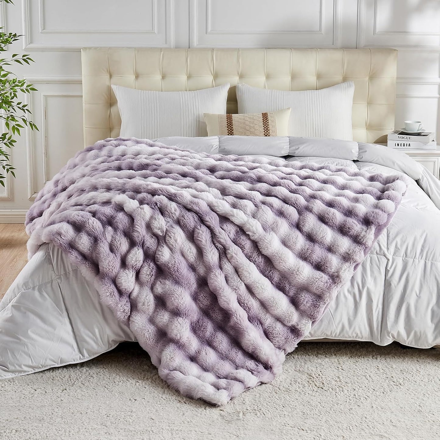 Lotus Karen Faux Fur Throw Blanket Tie-Dye Purple - Big Bubble Rabbit Fluff Blanket for Couch, Large Fluffy Fuzzy Cozy Blanket,Thick Furry Plush Shaggy Blankets,90x90 Inches