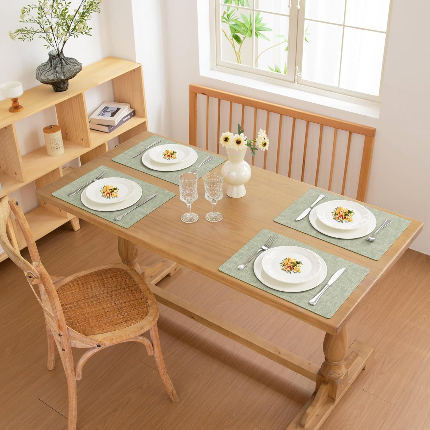 FROMHEART Faux Leather Placemats Set of 6–Waterproof,Heat/Oil Stain-Resistant PU Table Mat–Reversible,Non-Slip,Easy to Clean Place Mats for Kitchen,Dining,Indoor/Outdoor,(Light Green,11.8" x 17")