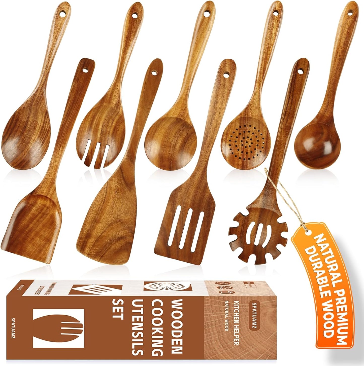SPATUAMZ Wooden Kitchen Utensils Set, Smooth Finished Wooden Spoons for Cooking, Natural Teak Cooking Utensils Set of 9 for Nonstick Pans and Cookware