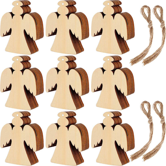 Blulu 60 Pieces Christmas Wooden Ornaments Round Wood Slices Snowflake Angel Shape with Cords for DIY Crafts New Year Christmas Tree Pendant Ornaments
