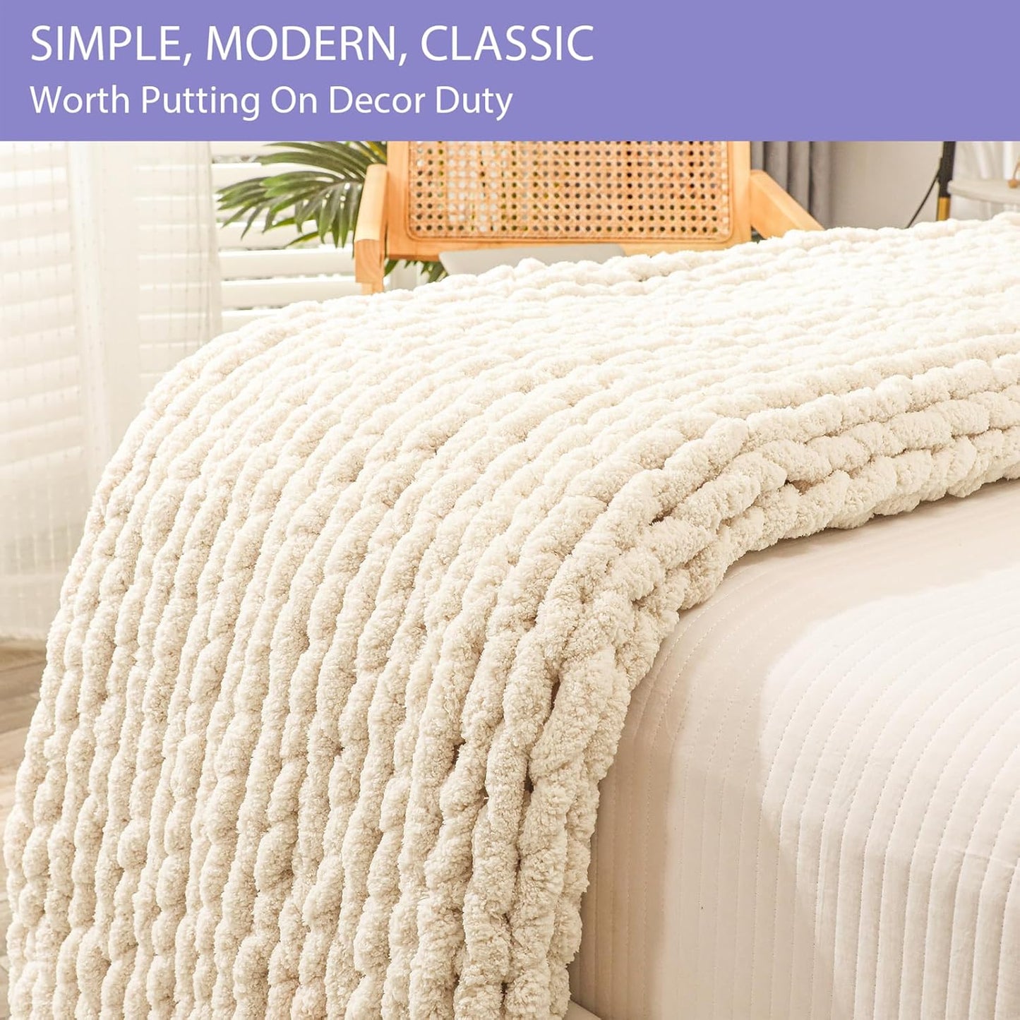 Bigacogo Chunky Knit Throw Blanket for Couch, 40x80 inches, 100% Hand Knitted with Thick Jumbo Chenille Yarn, Cozy Soft Large Rope Knot Cable Crochet Blankets for Sofa Bed Living Room, Beige