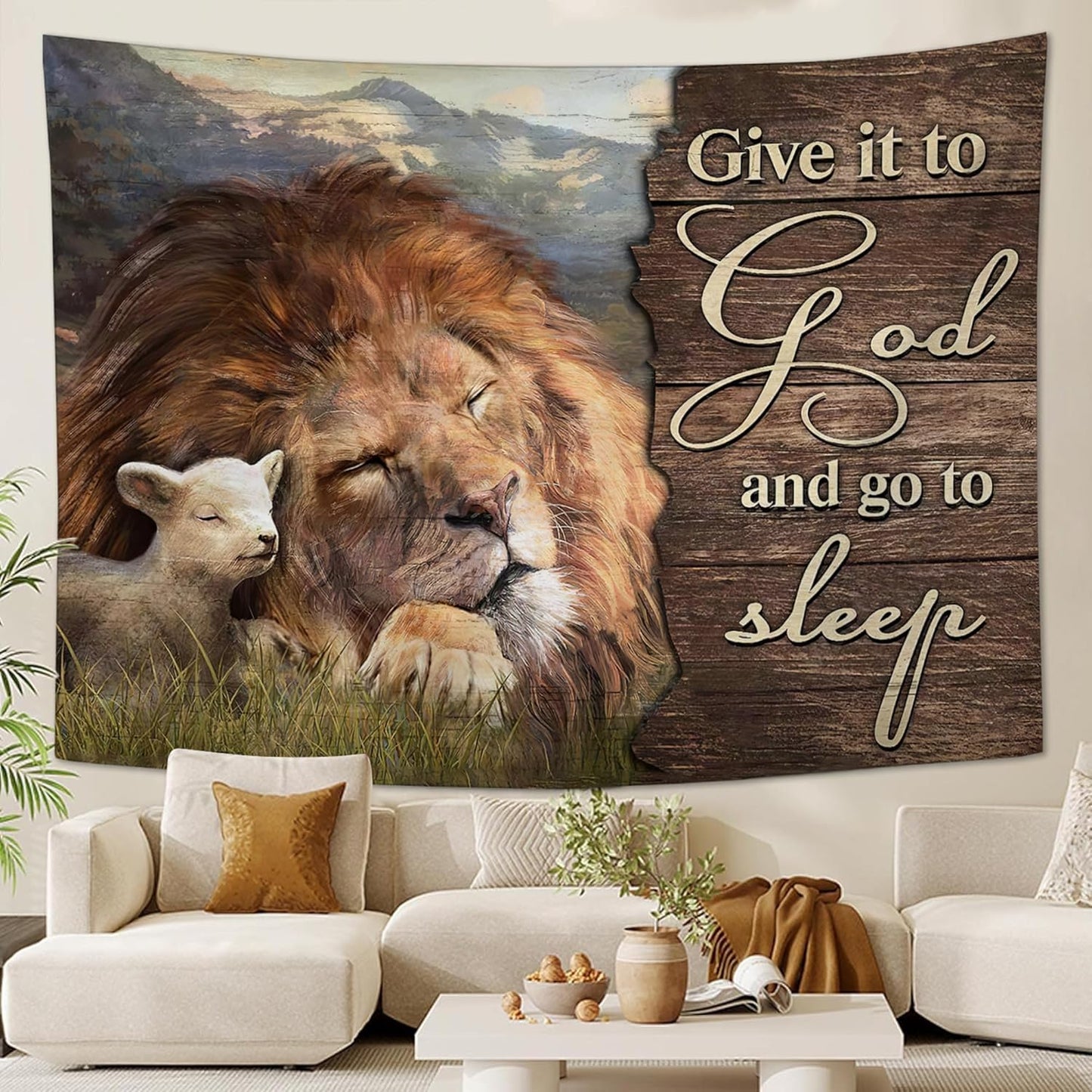 yowecso Lion and Lamb Tapestry Give It To God And Go To Sleep Tapestry Wall Hanging for Bedroom Christian Religious Tapestries Aesthetic Wall Decor for Home Dorm Living Room 50"x60"