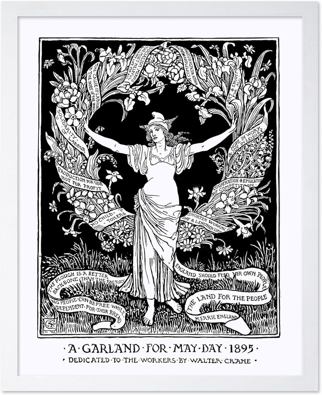 Poster Master Vintage Walter Crane Poster - Retro A Garland for May Day Print - Socialist Art - Gift for Him, Her, Men, Women - Wall Decor for Home, Office, Living Room, 11x14 White Framed