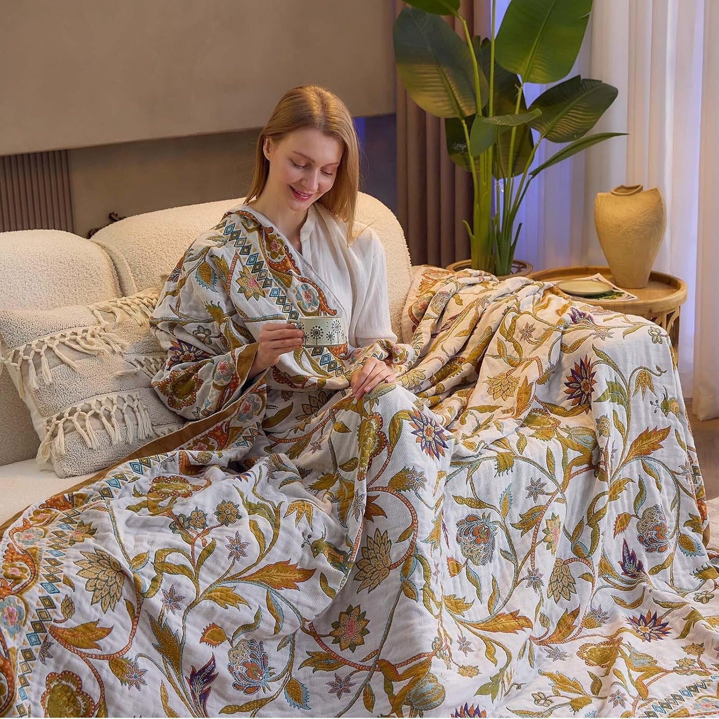 Fall Throw Blanket for Couch, Brown Boho Decorative Throw Blanket, 100% Cotton Muslin Breathable Woven Farmhouse Blankets Quilt, 90"x98" Reversible Lightweight Blankets Bohemian Throw Quilt