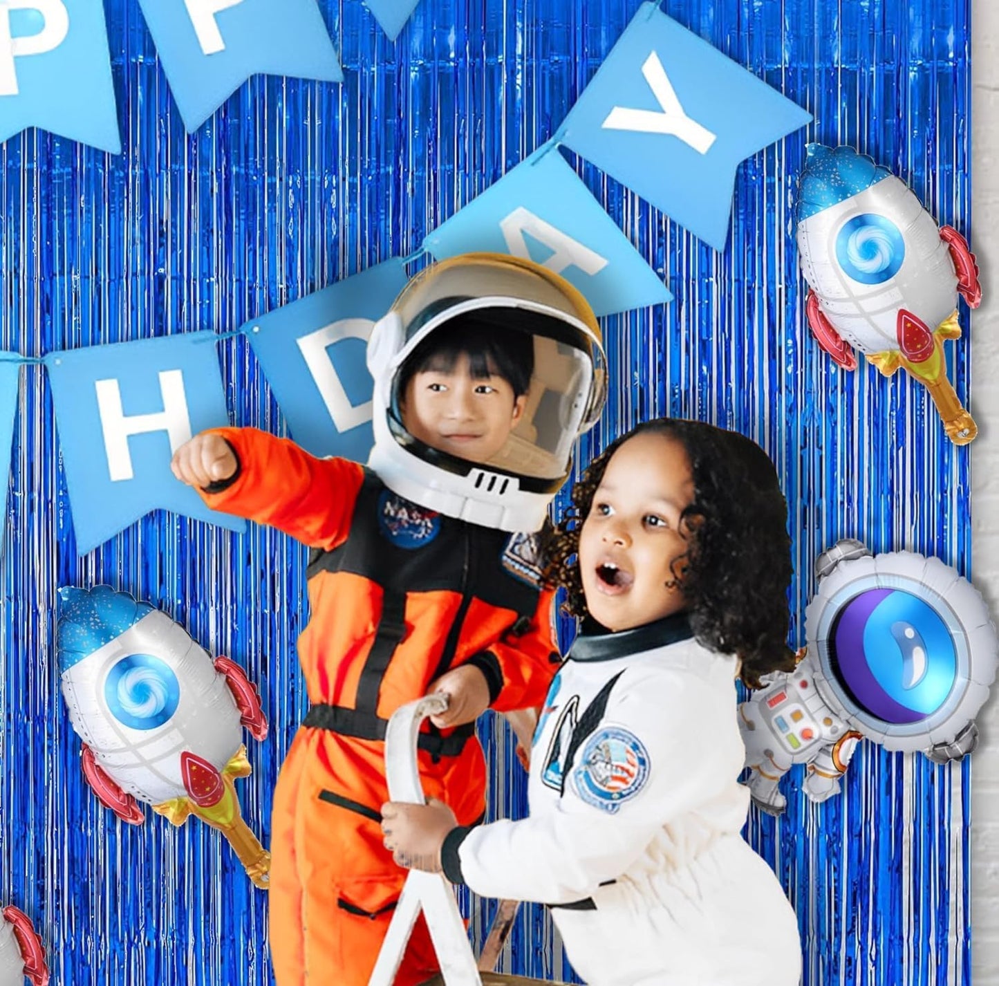 BRAVESHINE Blue Tinsel Foil Fringe Curtains - 2Pcs 3.2x8.2 ft Metallic Holidays Photo Backdrop for Boys Men Birthdays Homecoming Bachelor Bachelorette Engagement Sea Theme Ramadan Party Decorations