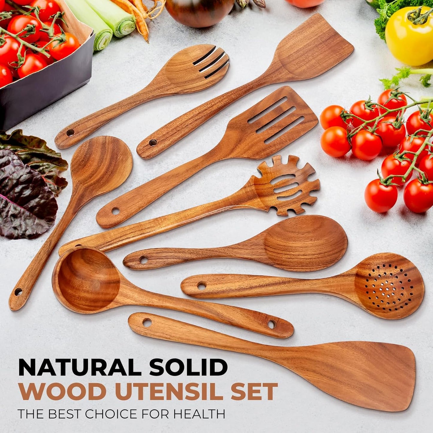 SPATUAMZ Wooden Kitchen Utensils Set, Smooth Finished Wooden Spoons for Cooking, Natural Teak Cooking Utensils Set of 9 for Nonstick Pans and Cookware