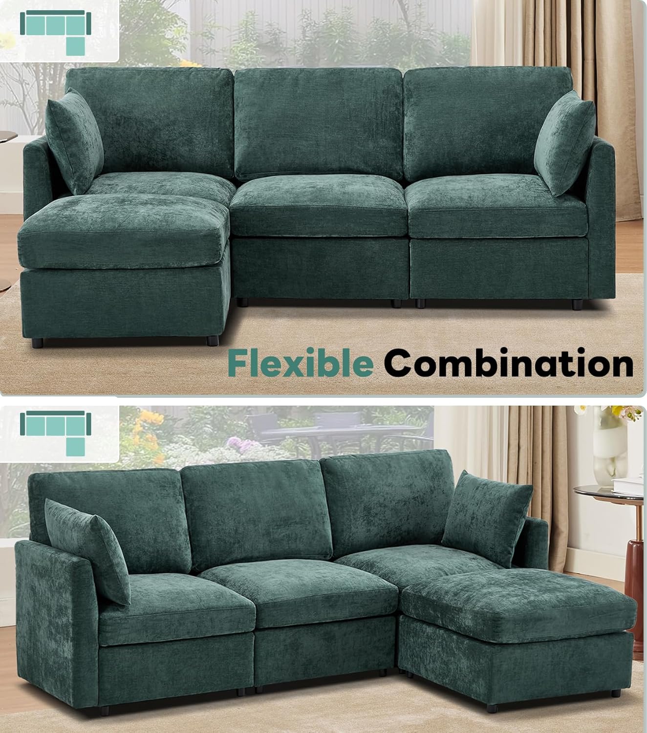 Tbfit 85" Convertible L Shaped Couch, Sectional Sofa for Living Room,Chenille Cloud Couch with Ottoman 4 Seat, Green
