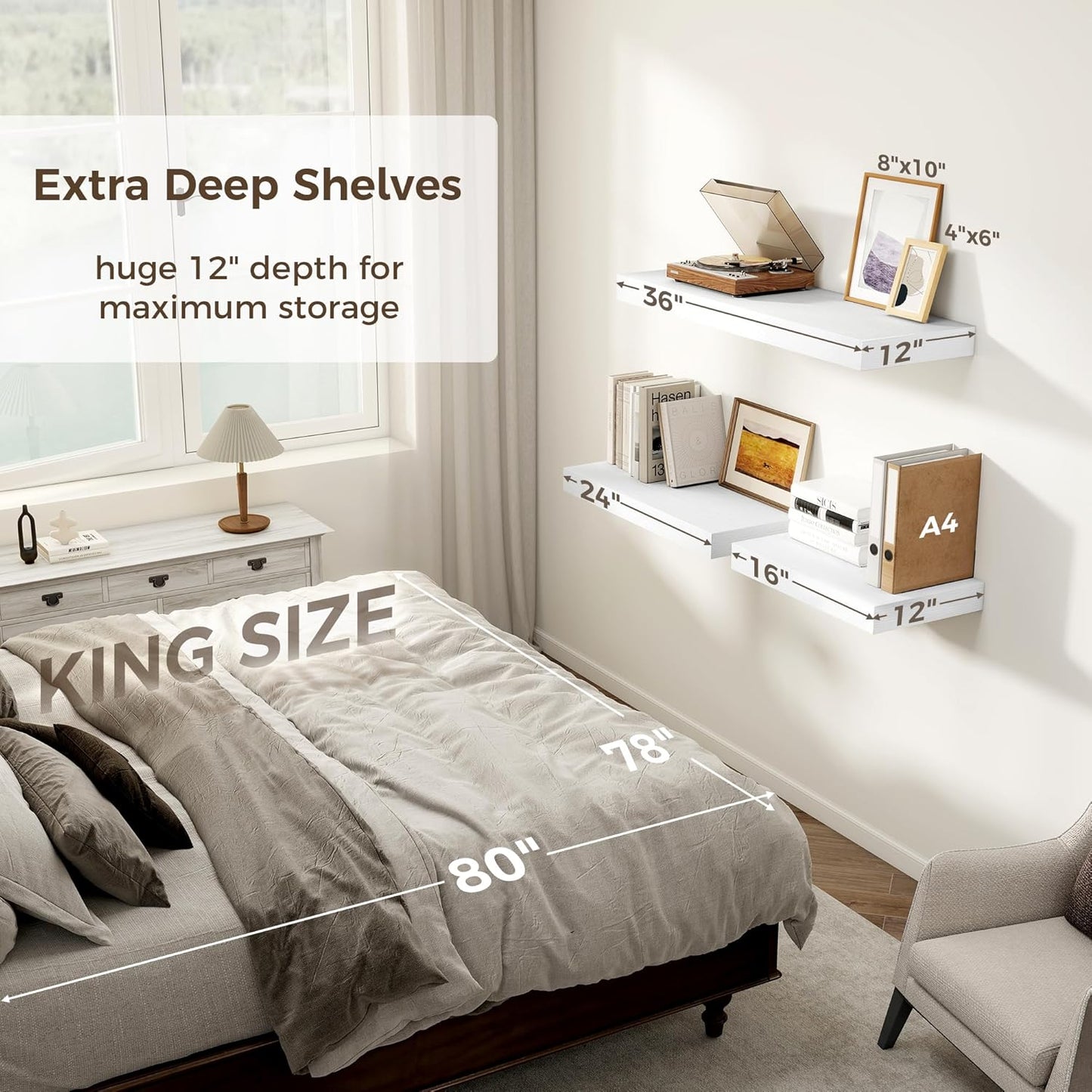 12 Inch Deep White Floating Shelves, 24 x 12 Floating Shelf for Books, Rustic Wood Deep Wall Shelves for Home Storage & Display, 2" Thicked Shelves for Kitchen, Living Room, Bedroom, 2 Pack