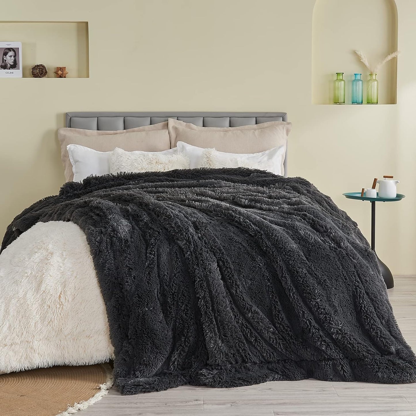 GONAAP Fuzzy Faux Fur Throw Blanket Dark Grey Super Soft Cozy Plush Fuzzy Shaggy Blanket for Couch Sofa Bed (Dark Grey, Throw(50"x60"))