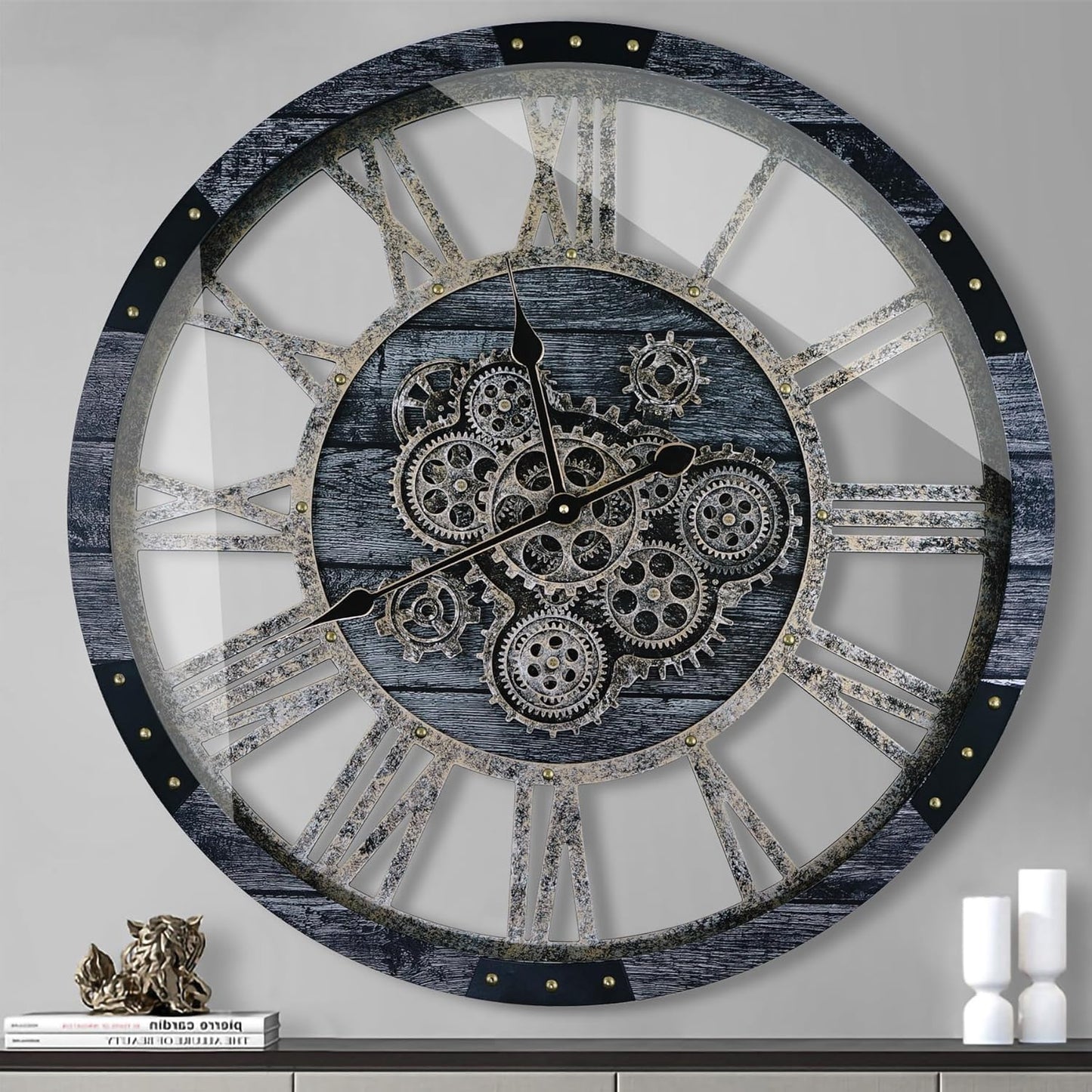 27 Inch Moving Gear Wall Clock, Oversized Wall Clocks, Clock Living Room Decor, Solid Wood Frame, Battery Operated, Large Wall Clock with Steampunk Industrial for Fireplace(Gray)