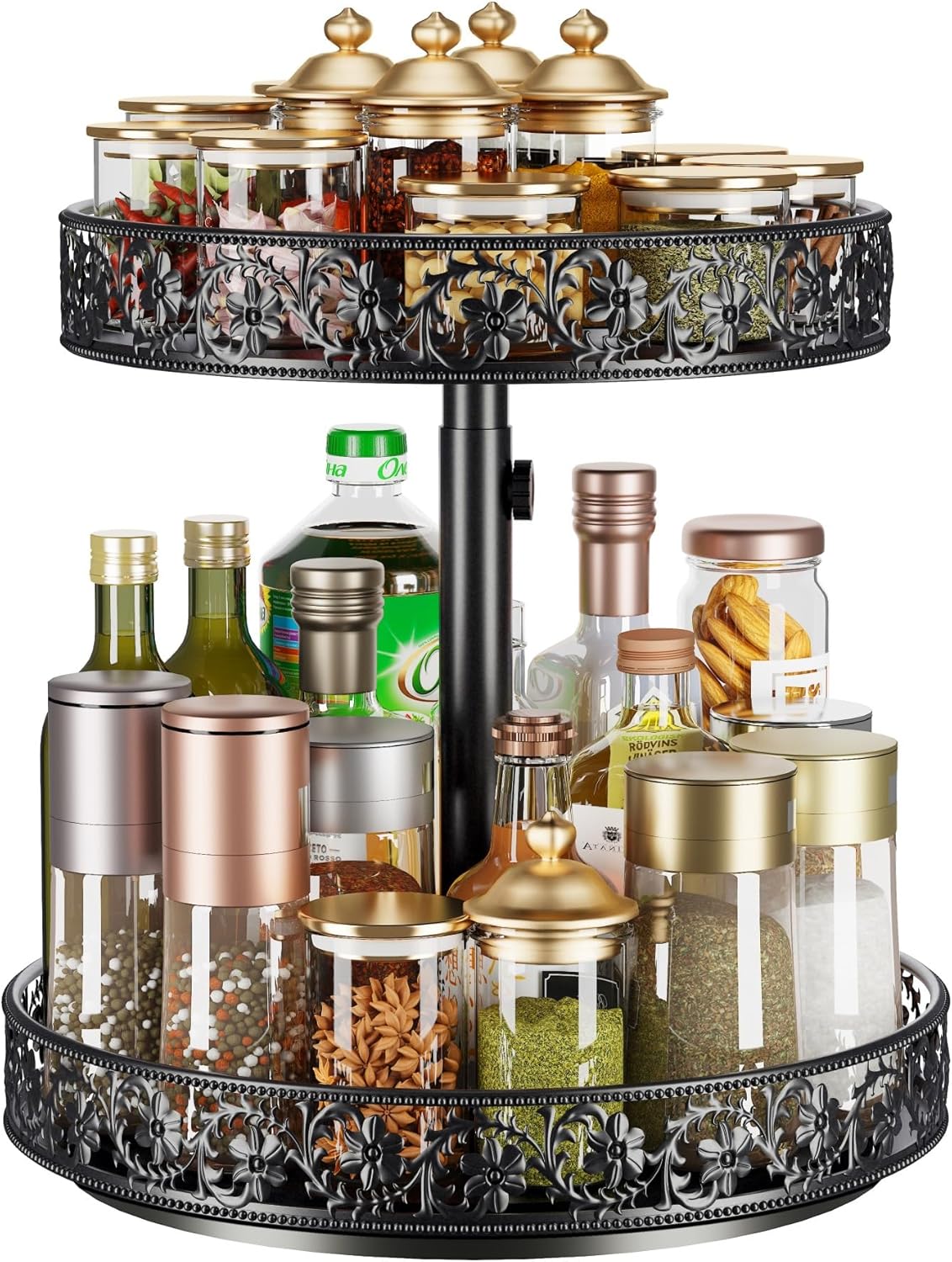 Two Tier Lazy Susan Organizer Turntable Height Adjustable, 2 Tier Lazy Susan 12 Inch Metal Easy Assembly, Spice Rack Organizer Rotating for Cabinet Dining Table Top Kitchen Countertop Black
