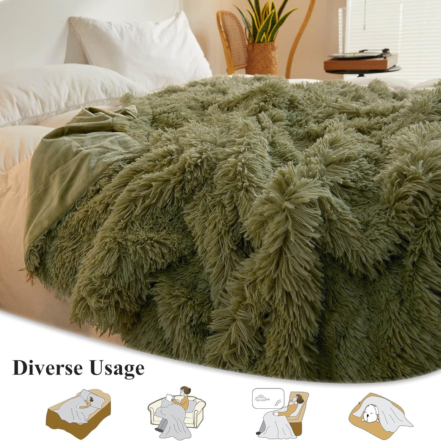 XeGe Luxury Faux Fur Blanket, Sage Green Soft Big Fluffy Throw, Shaggy Plush Decorative Couch Throw, Cute Furry Fuzzy Blanket for Bed Bedroom Living Room Sage Green, 60x90