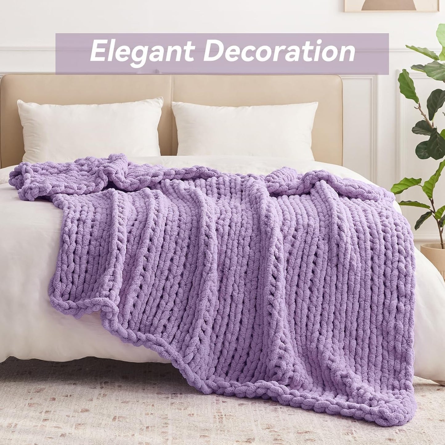 Chunky Knit Throw Blanket, 50''*60'' Knitted Throw Chenille Yarn for Bed Couch, Handmade Light Purple Crochet Big Thick Blanket, Machine Washable Cute Comfy Blanket for Home Decor