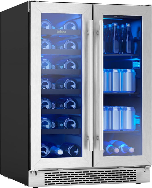 Zephyr Brisas 24 Inch Wine Fridge Dual Zone Under Counter Countertop Wine and Beverage Cooler Cabinet Home Bar Drink Beer Freestanding Refrigerator with French Door 21 Bottles 64 cans