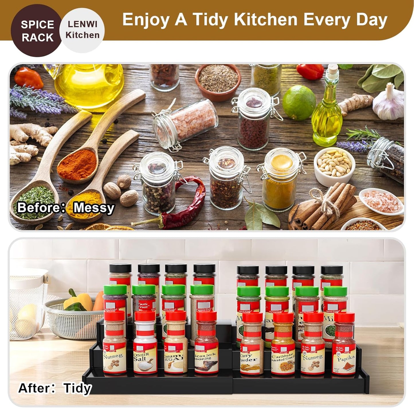 Spice Rack Organizer for Cabinet 2Pack, 3 Tier Expandable Bamboo Spice Storage, Great for Kitchen Cabinet, Cupboard,Pantry and More(Black)