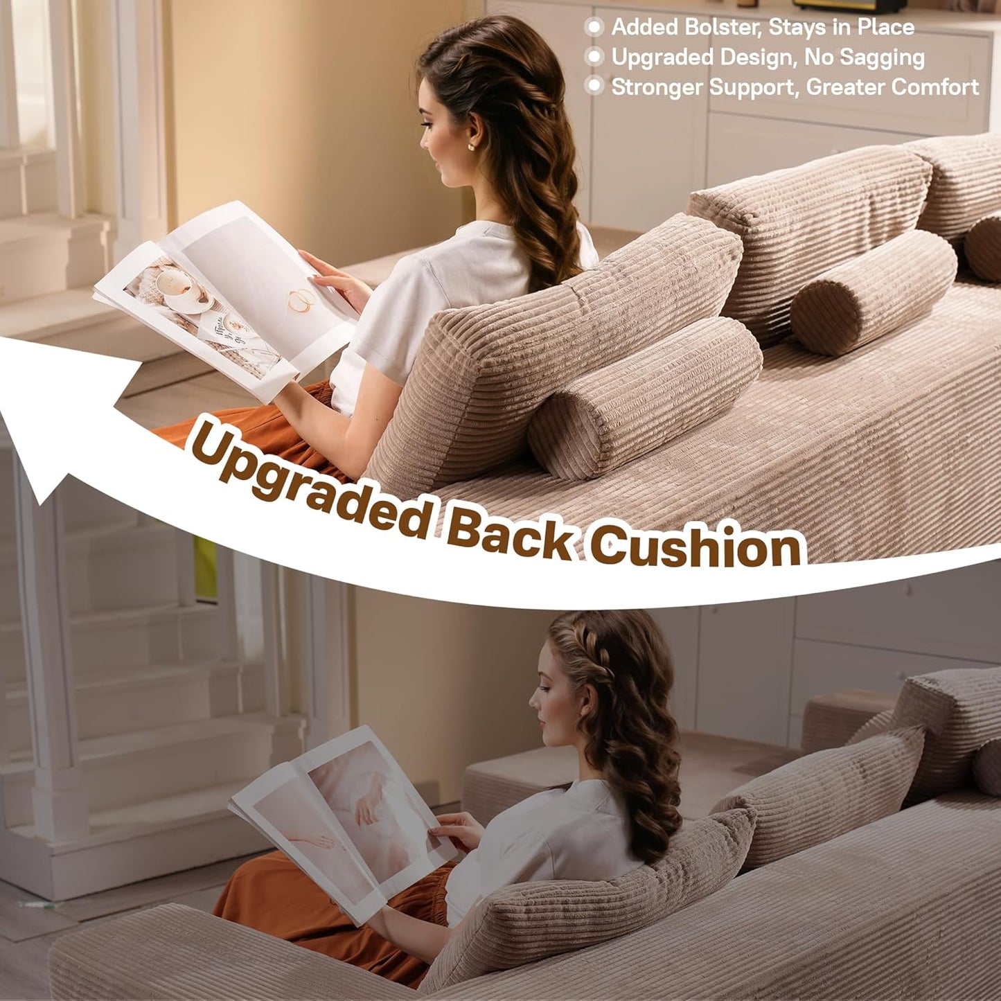 104" Cloud Sectional Couches for Living Room,L Shaped Boneless Couch in A Box,Sleeper Sofa with Comfy Chaise No Assembly Required,Camel