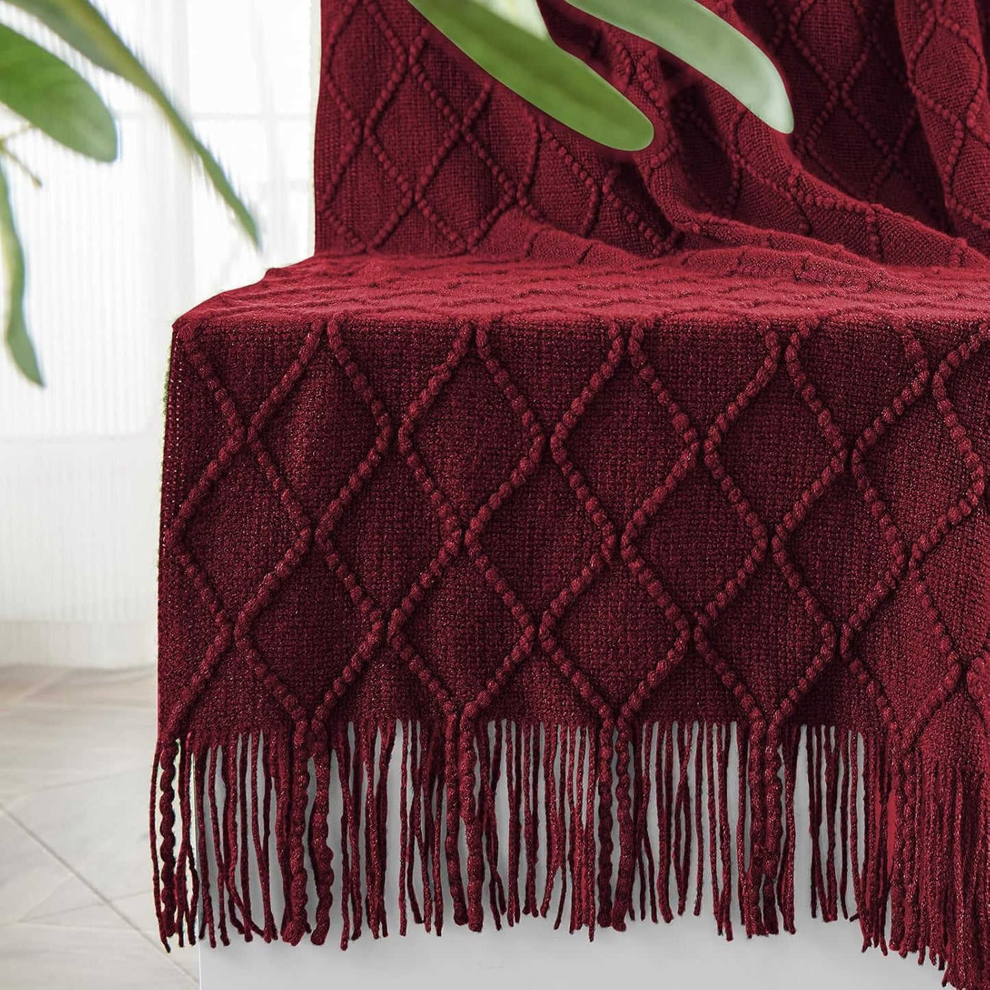 inhand Knitted Throw Blankets for Couch and Bed, Soft Cozy Knit Blanket with Tassel, Claret Lightweight Decorative Blankets and Throws, Farmhouse Warm Woven Blanket for Men and Women, 50"x60"