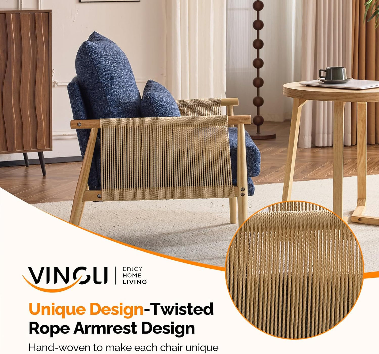 VINGLI Boho Braid Accent Armchairs Set of 2,Mid-Century Modern Chiars with Solid Wooden Armrest,Comfy Louge Cushion Chairs with Waist Pillow for Bedroom,Living Room,Reading Room, Blue