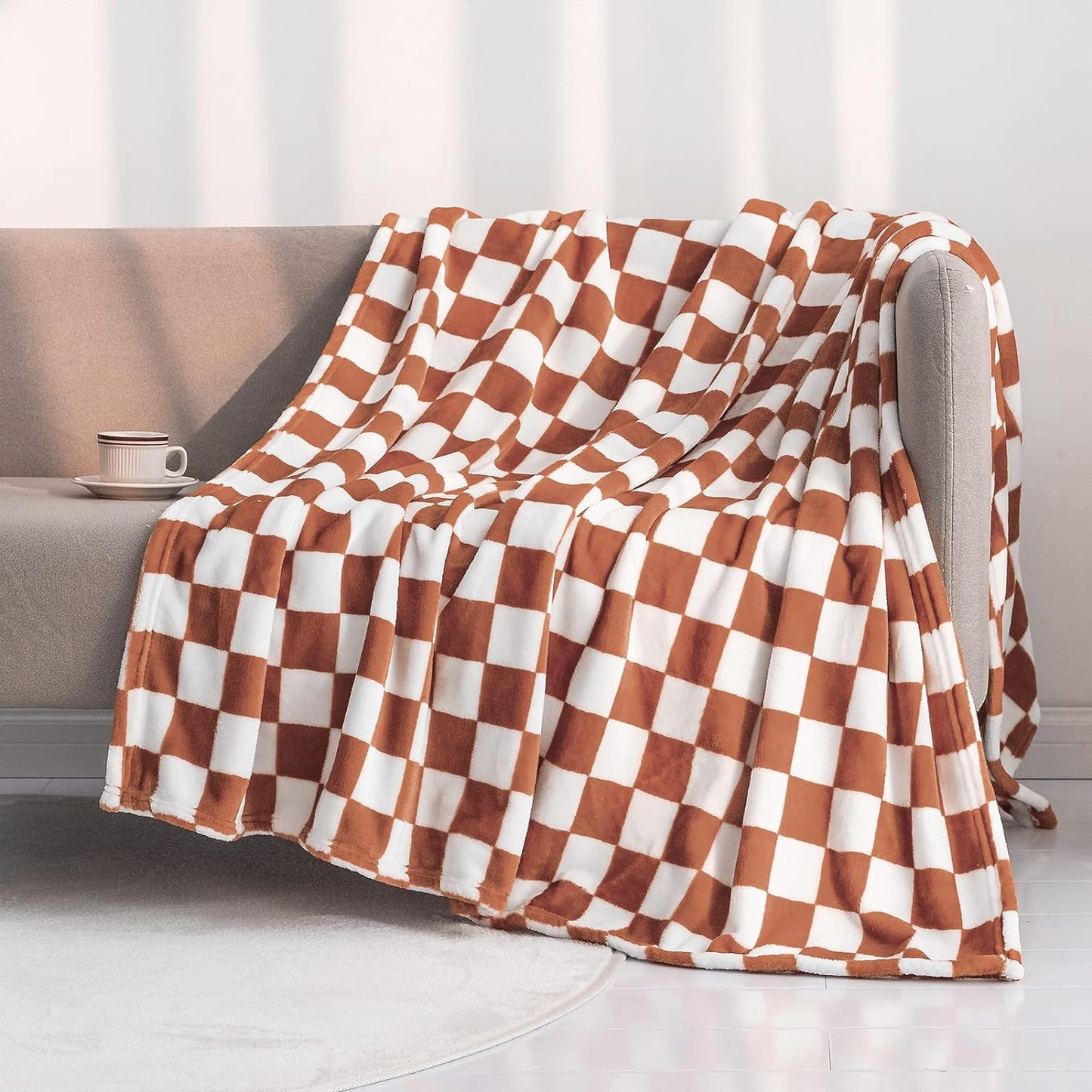 LOMAO Throw Blankets Flannel Blanket with Checkerboard Grid Pattern Soft Throw Blanket for Couch, Bed, Sofa Luxurious Warm and Cozy for All Seasons (Maple Brown, 50"x60")