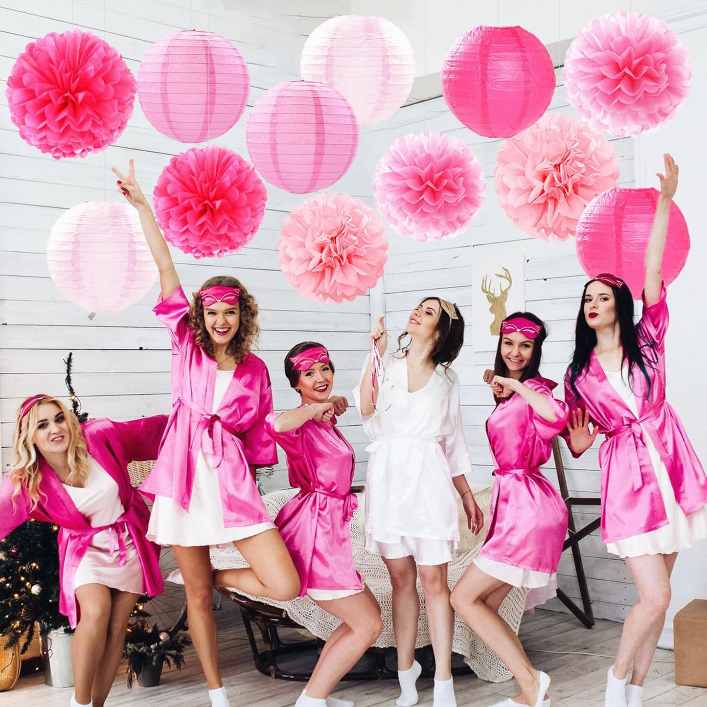 Light-Hot Pink Party-Decorations Paper-Flowers Lanterns - 15pcs Graduation Girl Birthday Decor Tissue Pom Poms Streamers, Bridal Baby Shower Wedding Bachelorette Valentine Hanging Supplies Hugfond
