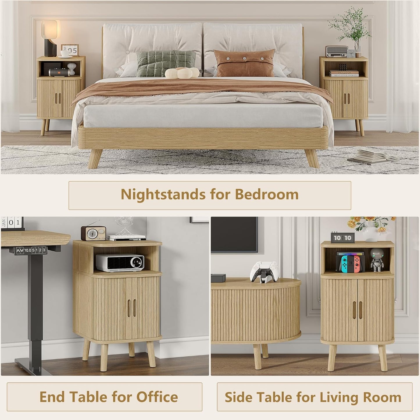 Alohappy Mid Century Modern End Table, Fluted Wood Nightstand with Sliding Tambour Door, Curved Round Edge Side Table with Storage Cabinet for Bedroom, Living Room, Natural Oak