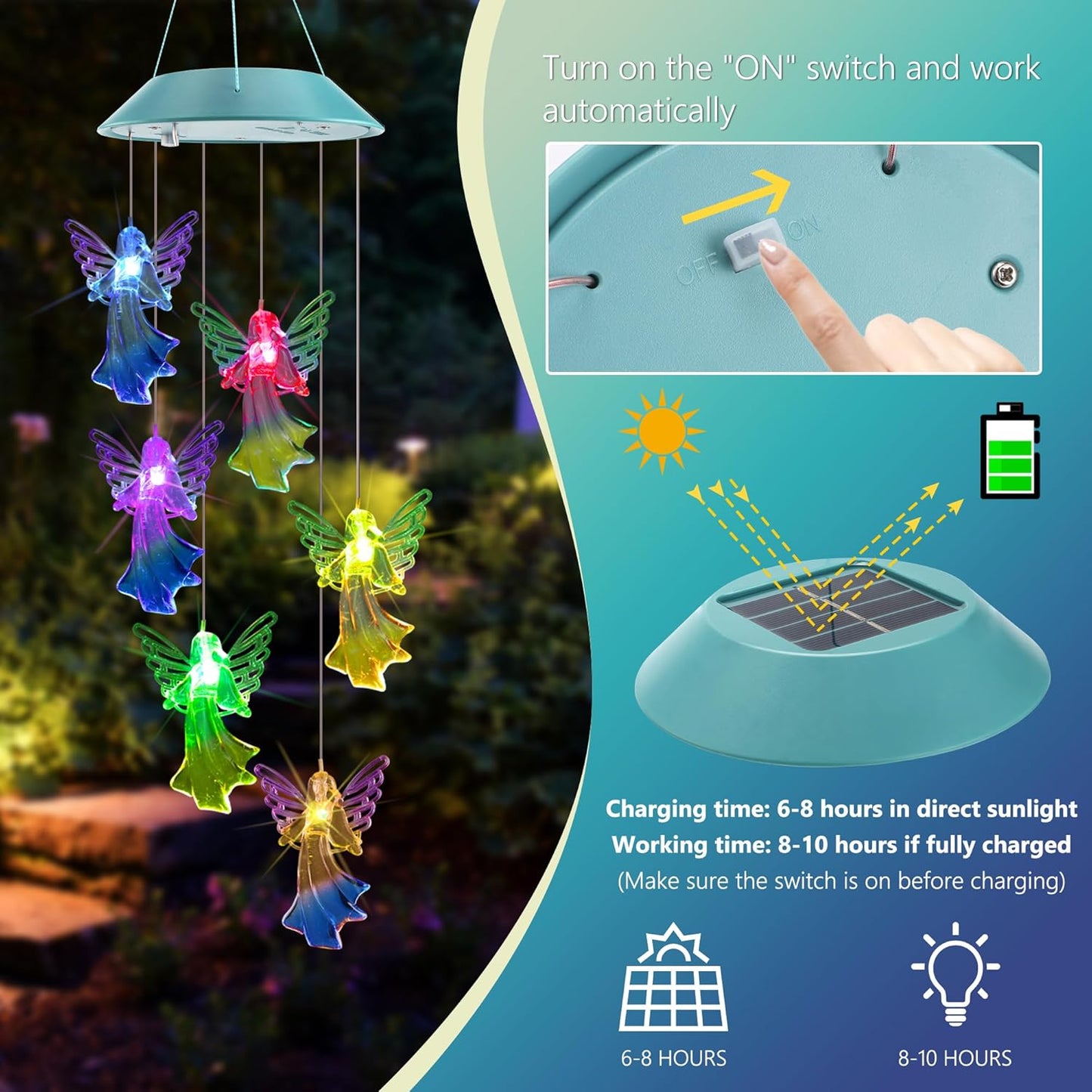 Toodour Solar Wind Chimes, Color Changing Angel Wind Chimes, LED Decorative Mobile, Gifts for Mom Grandma, Waterproof Outdoor Decorative Lights for Garden, Patio, Yard, Window Outdoor Decor