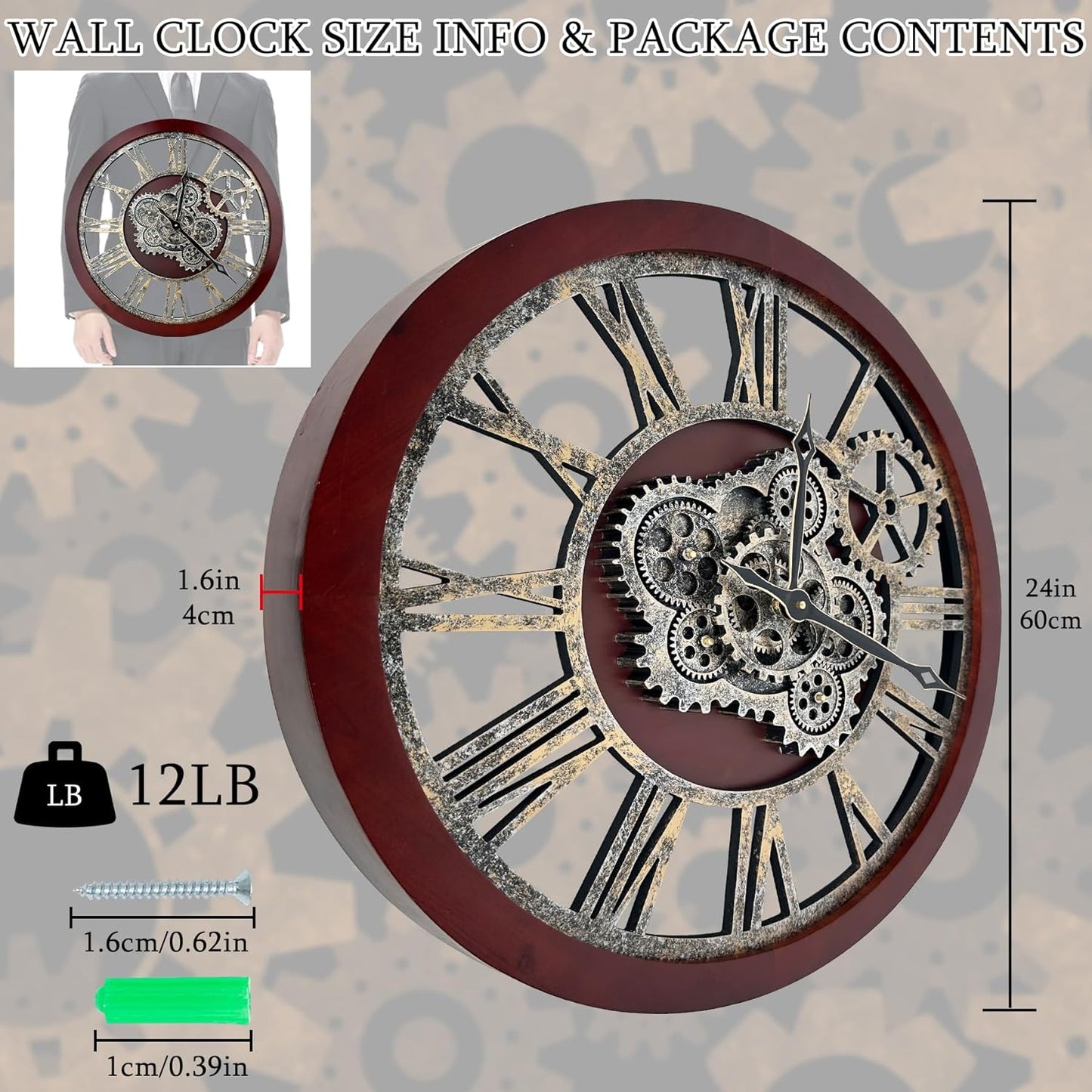 HOIBAI Large Wall Clock, Wall Clocks for Living Room Decor 30 Inch Farmhouse Vintage Rustic Kitchen Wall Decor Vintage Roman Oversized Wall Clock for Home Bedroom House, Moving Gears Clock